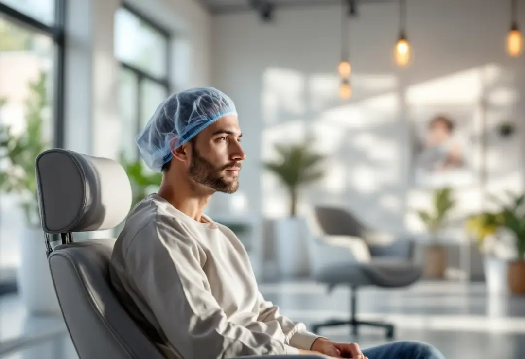A patient in a disposable surgical cap sitting in a reclining treatment chair in a bright, plant-filled clinic room before a hair transplant.