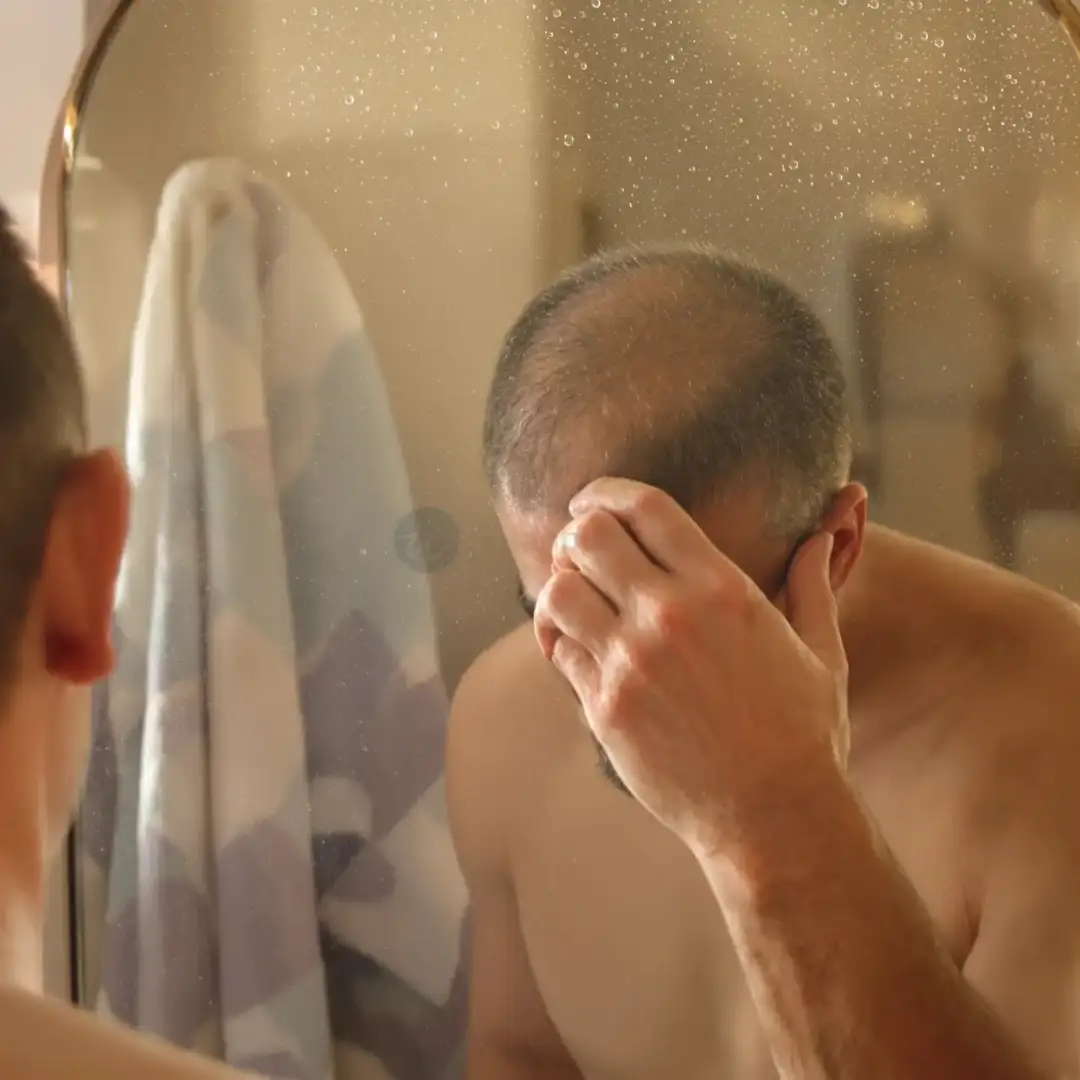An unidentified man in a bathroom with a short buzz cut, head tipped forward and one hand at his hairline as he looks down.