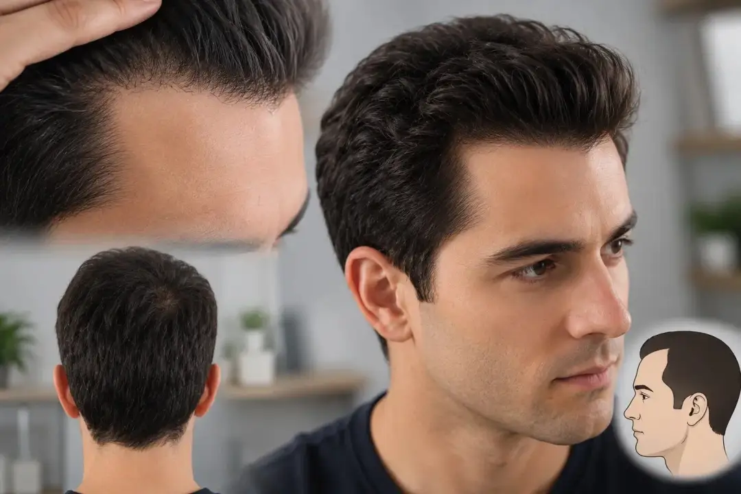Reference composite of an unidentified man photographed from the front, side and back at the earliest stage of hairline recession, with a small diagram of the same stage inset.