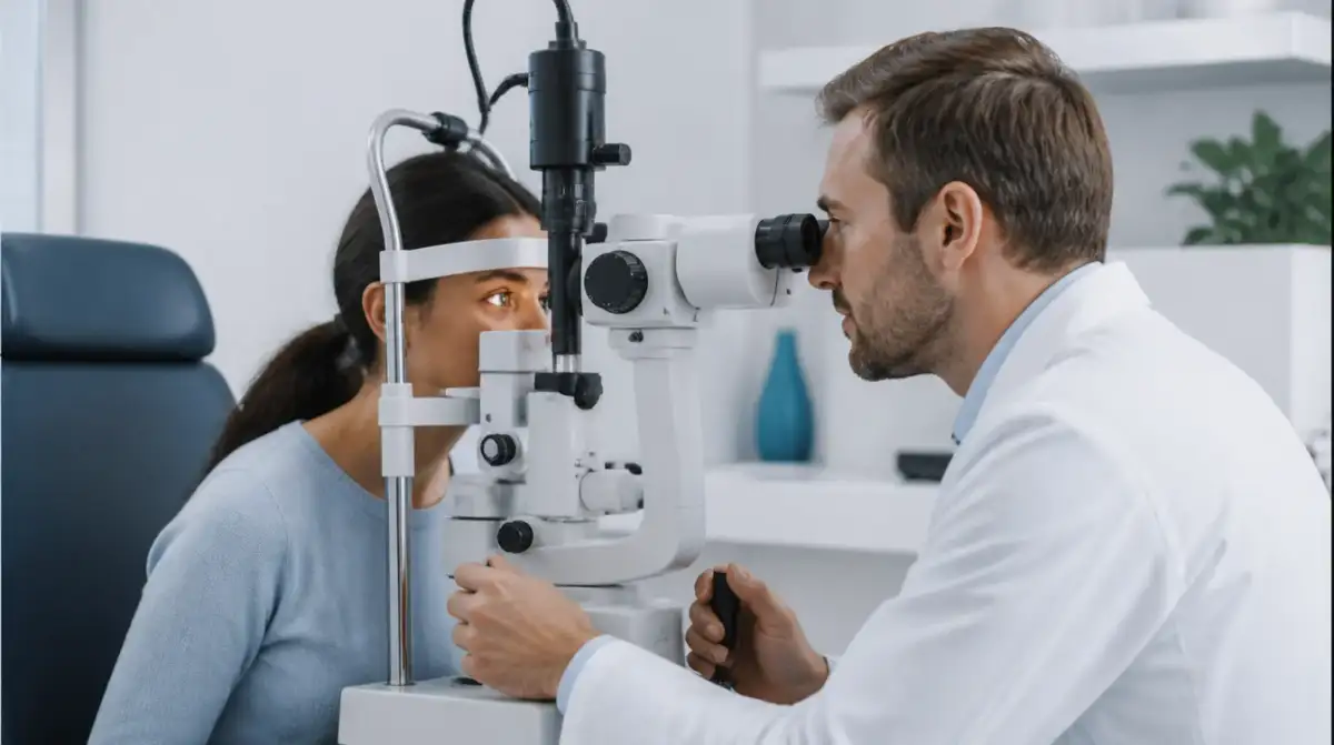 Eye doctor examining a patient's eye with a slit lamp