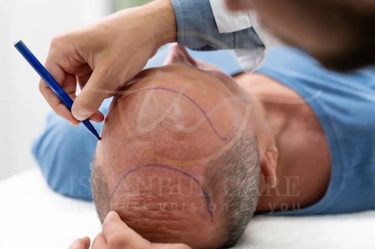 Un clinicien dessine une ligne de démarcation prévue au marqueur chirurgical bleu sur le cuir chevelu d'un homme présentant une perte de cheveux frontale avancée