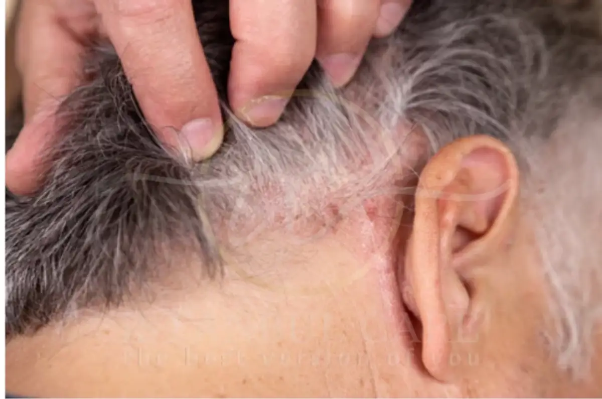 Man parting his gray hair to reveal a red, irritated and sore scalp