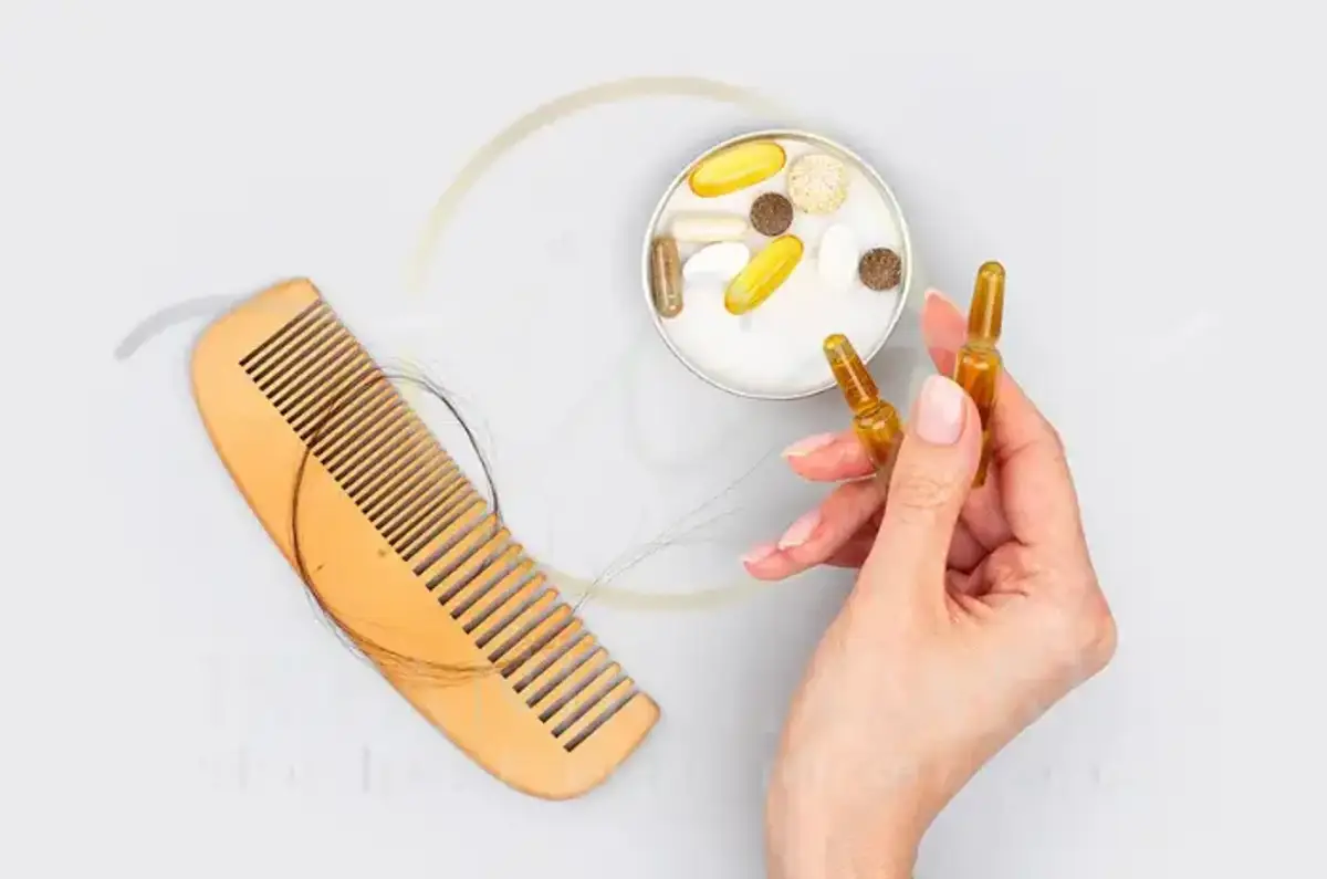 Wooden comb with shed hair strands beside vitamin capsules and supplement ampoules linked to hair health