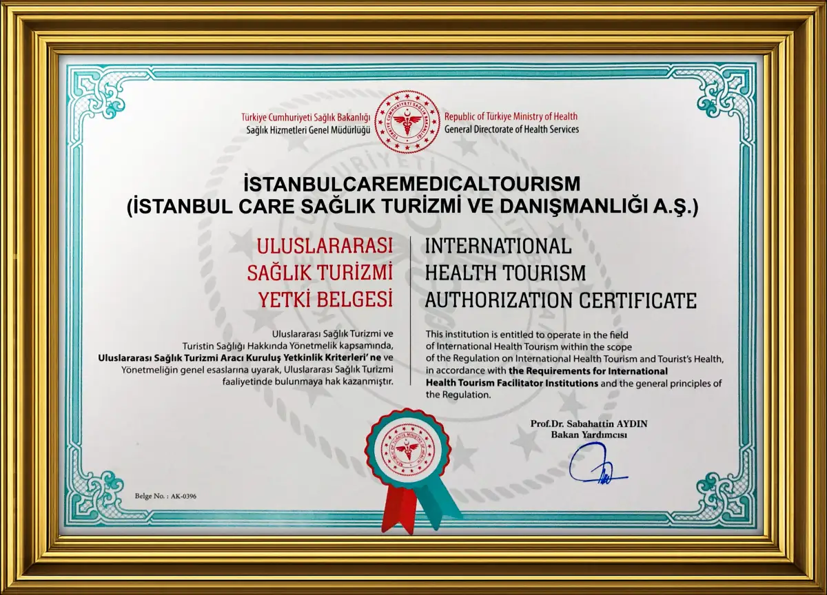 Genehmigungszertifikat für den internationalen Gesundheitstourismus (Uluslararası Sağlık Turizmi Yetki Belgesi) Nr. AK-0396, ausgestellt vom Gesundheitsministerium der Republik Türkei, Generaldirektion für Gesundheitsdienste, an die İstanbul Care Sağlık Turizmi ve Danışmanlığı A.Ş.