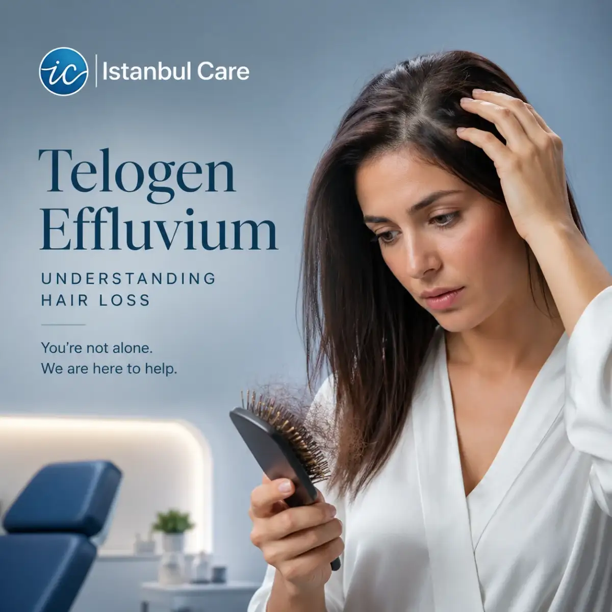 Woman noticing shed hair on her brush, a typical sign of telogen effluvium