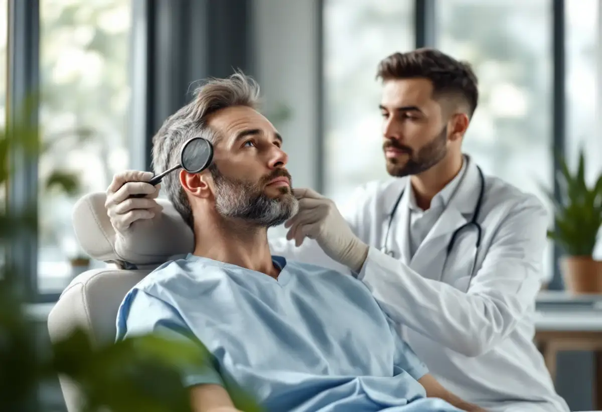 Doctor examining a scalp with a magnifier to detect early crown balding