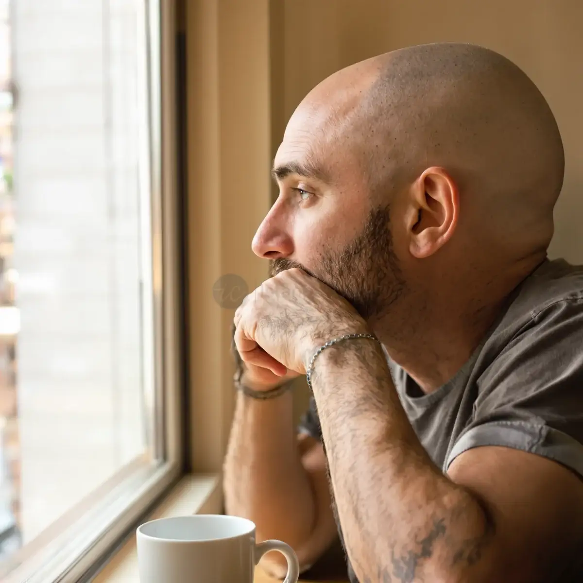Mann mit vollständigem Kopfhaarverlust durch Alopecia totalis, Bart erhalten, blickt aus dem Fenster – Istanbul Care