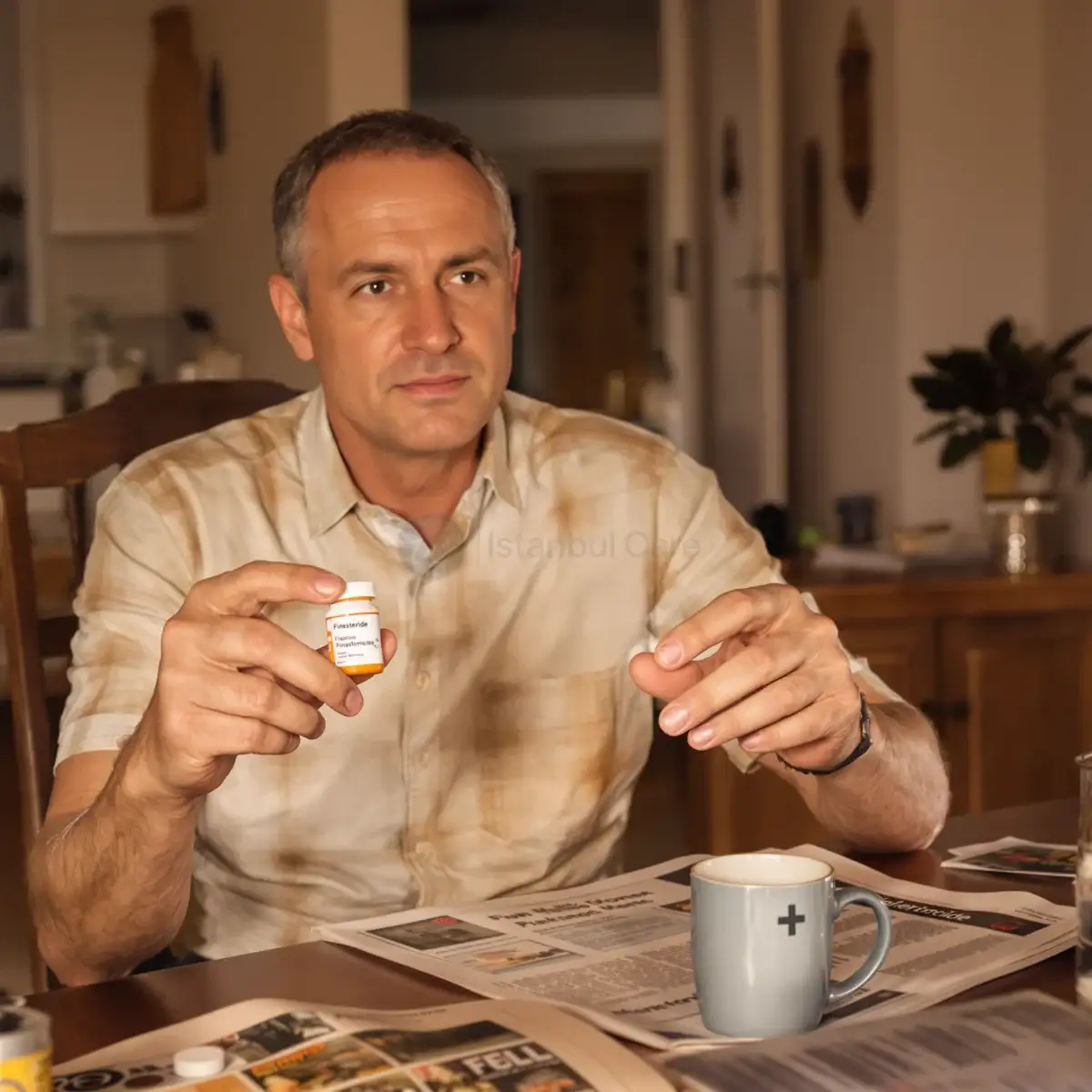 Homem a segurar um frasco de comprimidos de finasterida como parte da sua rotina diaria de tratamento da queda de cabelo