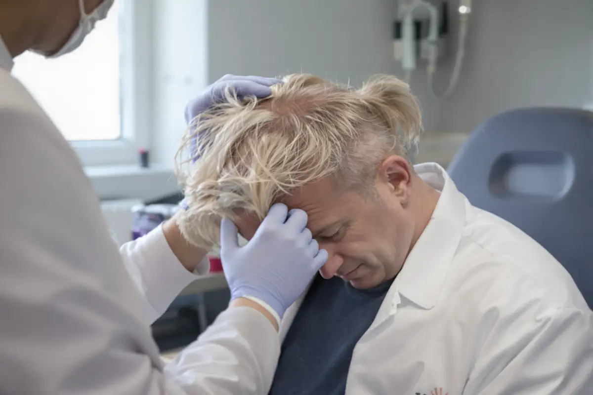 Clinician examining a patient's donor area during a hair transplant consultation