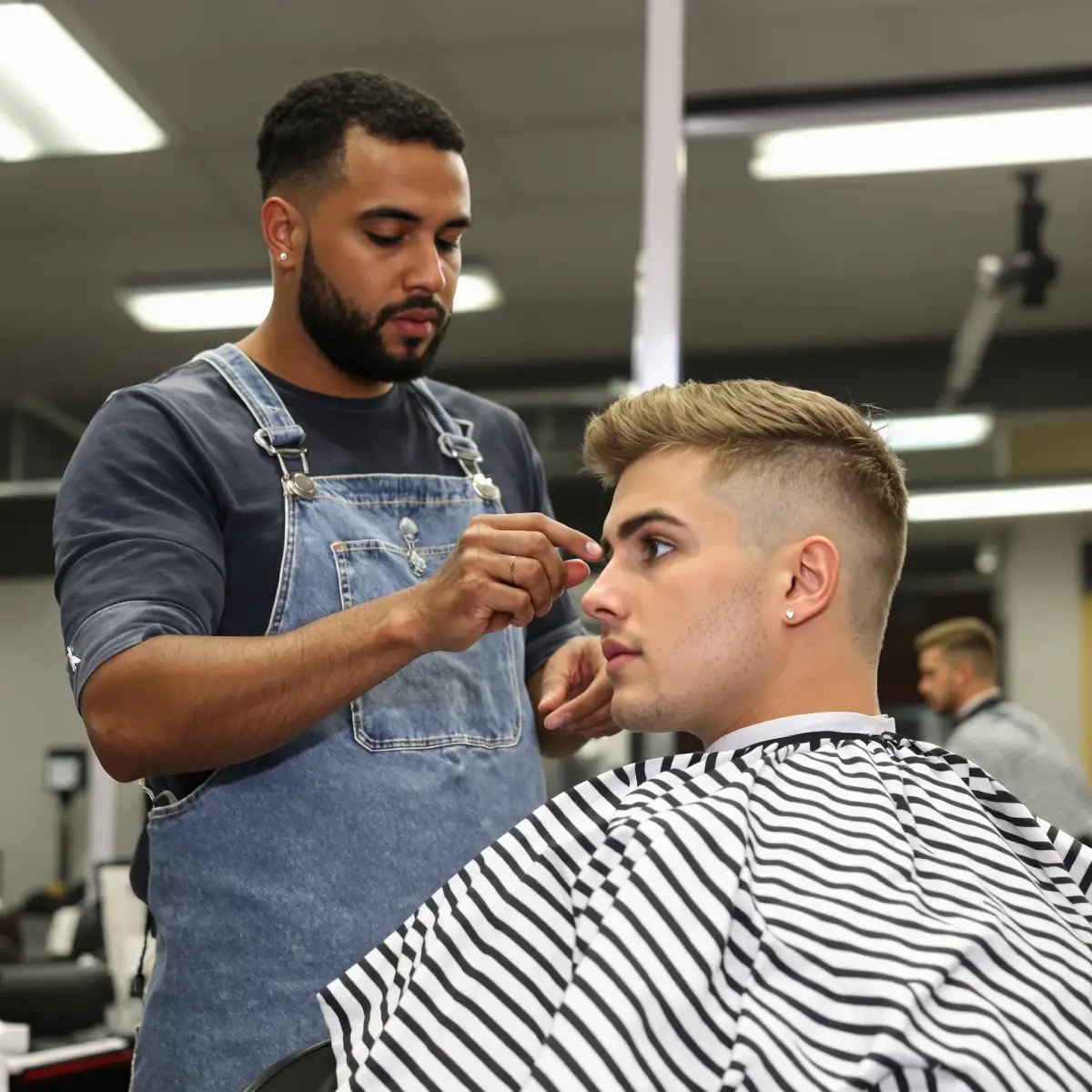Barber pointing at the hairline of a young client during a haircut – Istanbul Care