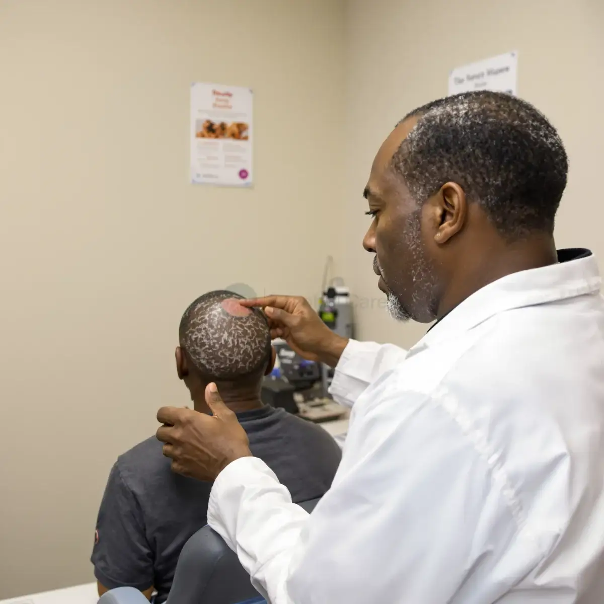 Hair restoration specialist examining a patient's crown during a clinic consultation