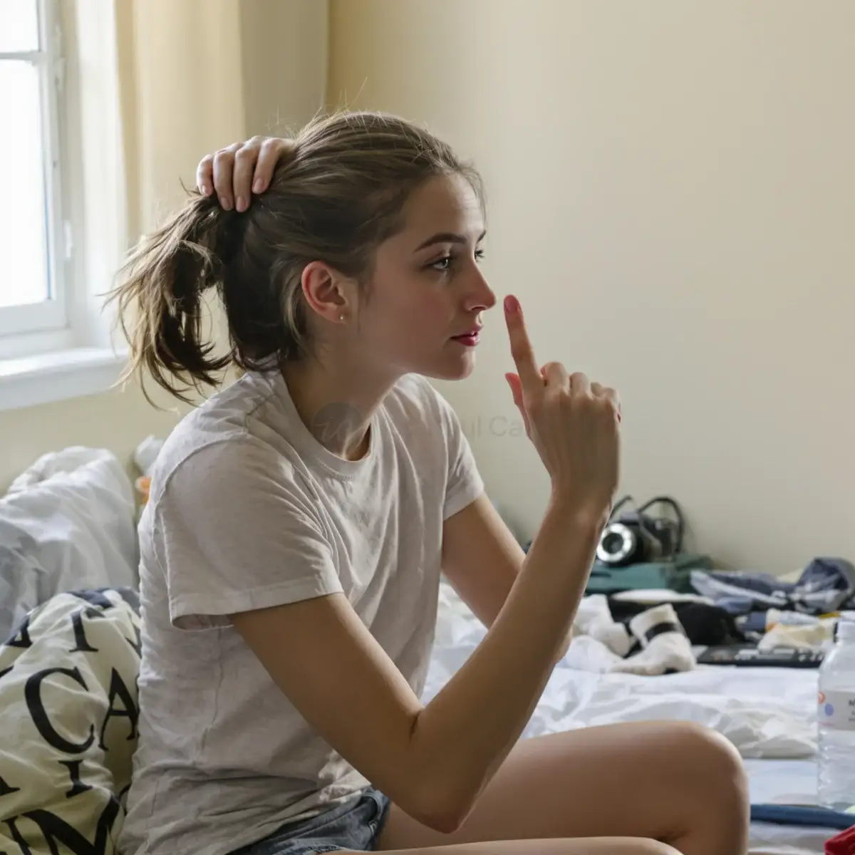 Woman examining her thinning ponytail
