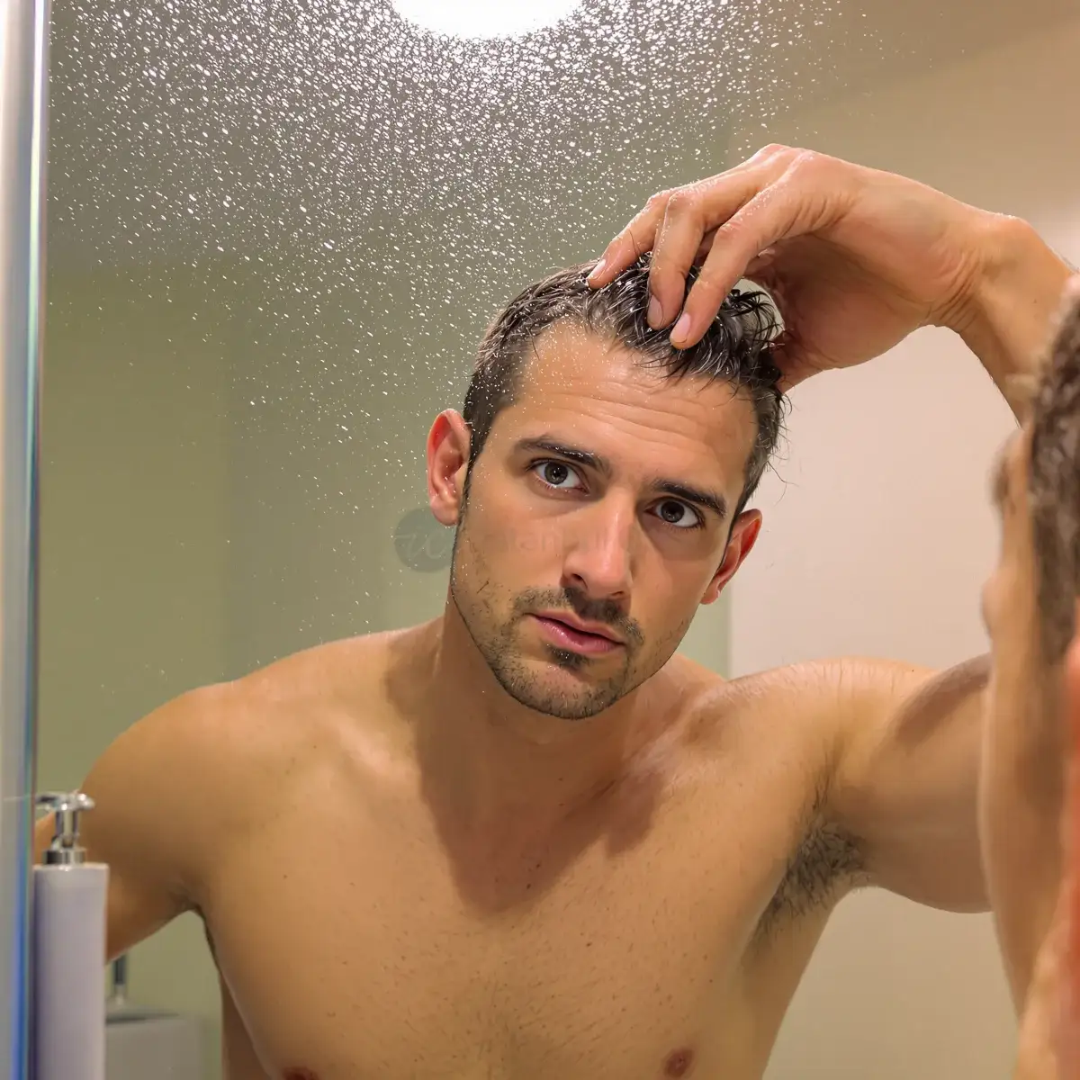 Man checking his wet hair in the bathroom mirror after a shower to gauge normal daily shedding