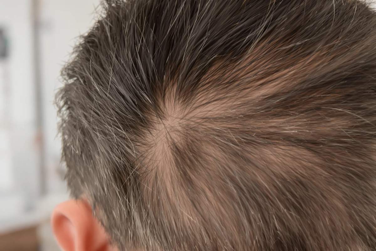 Vista de cerca desde arriba de la cabeza de un hombre no identificado, con el cabello separado para que se vea el cuero cabelludo a través de una zona adelgazada en la mitad del cuero cabelludo.