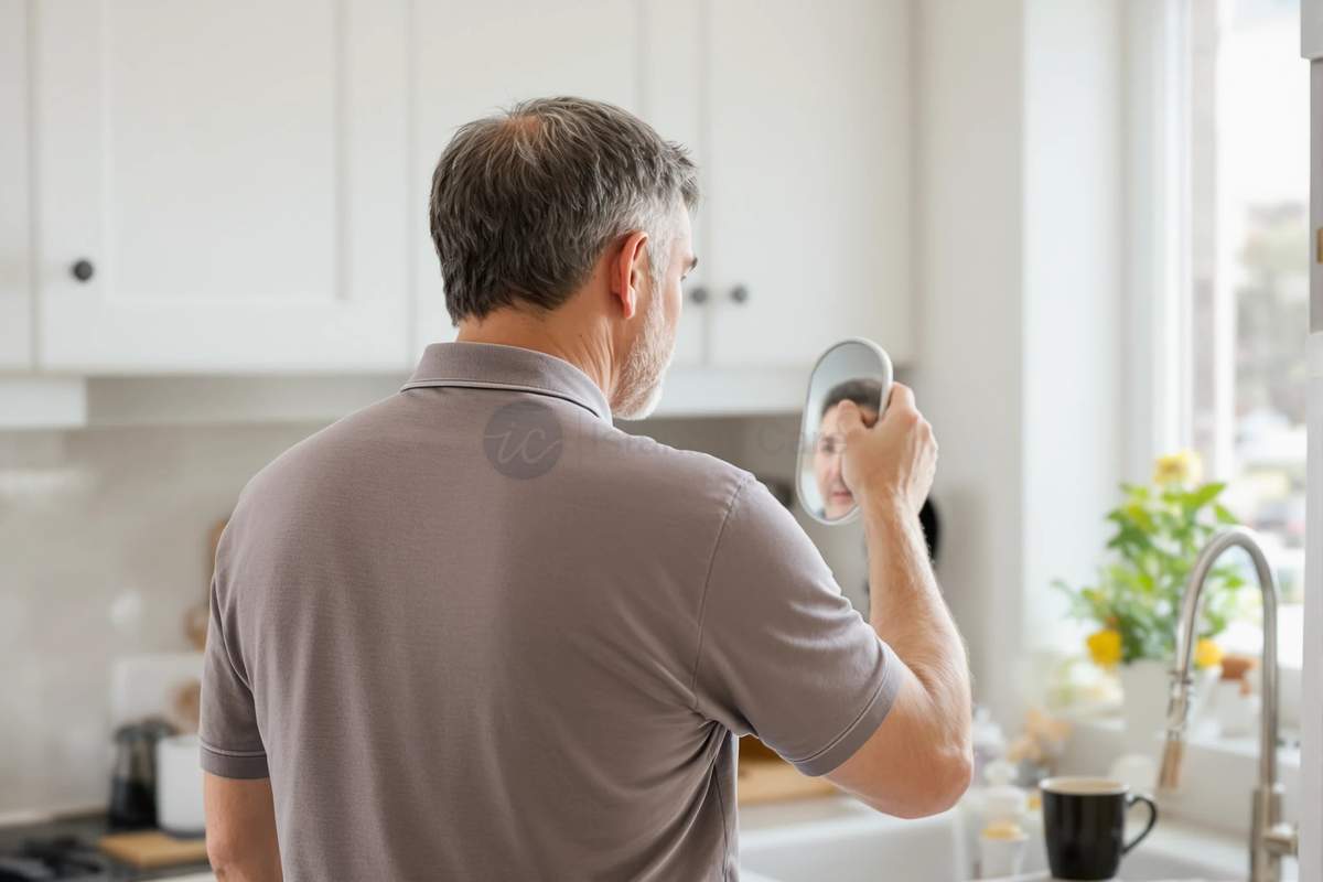 Man checking his hair in a hand mirror at home while tracking hair transplant progress month by month