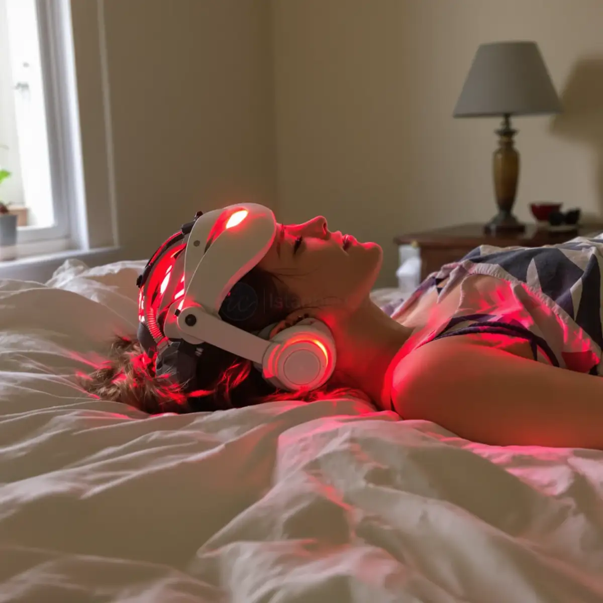 Persona usando un casco de terapia de luz roja con LED rojos brillando sobre el cuero cabelludo para estimular los folículos pilosos