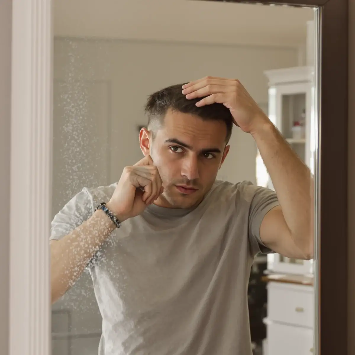Man checking his hairline in the bathroom mirror for signs that his hair transplant result needs revision – Istanbul Care