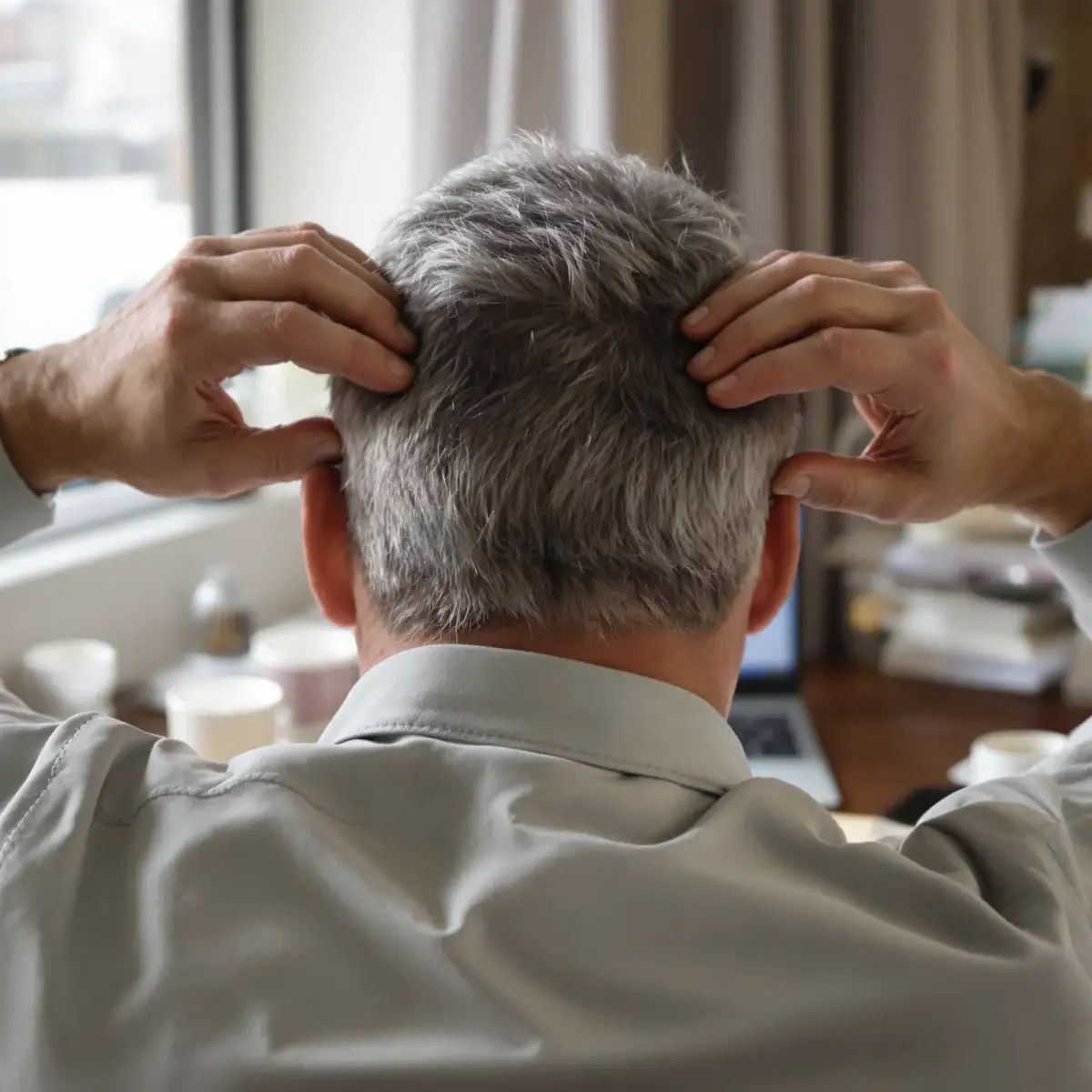 Man massaging his scalp with the fingertips of both hands to boost circulation – Istanbul Care
