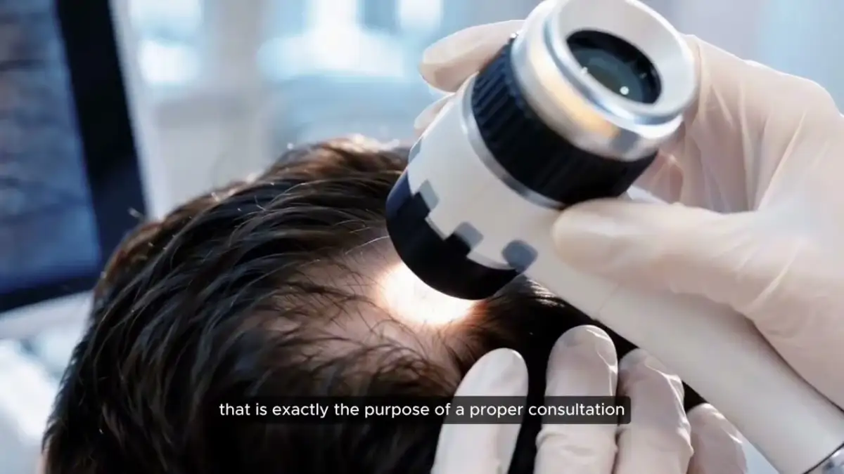 Still frame from the Istanbul Care video on who DHI suits best: a gloved hand presses a lit dermatoscope against the thinning crown of a dark-haired patient during a scalp examination.