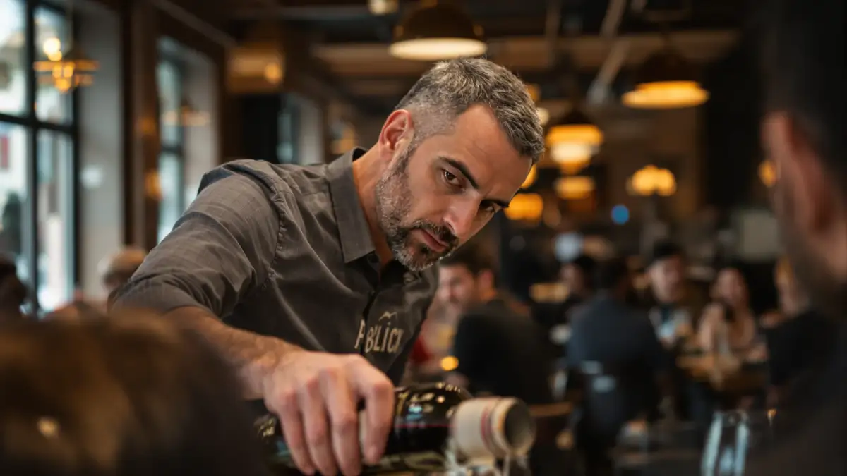 Illustrative photograph of a maitre d pouring wine in a restaurant