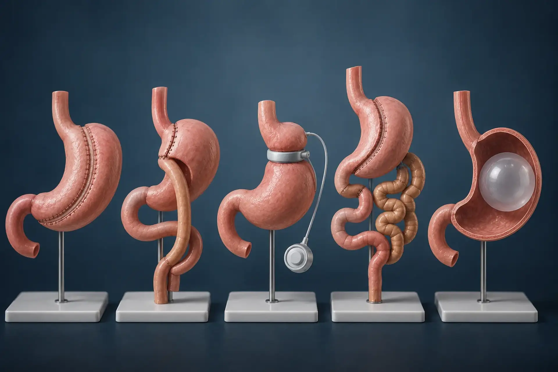 Models of different stomach types and surgical procedures displayed on stands.
