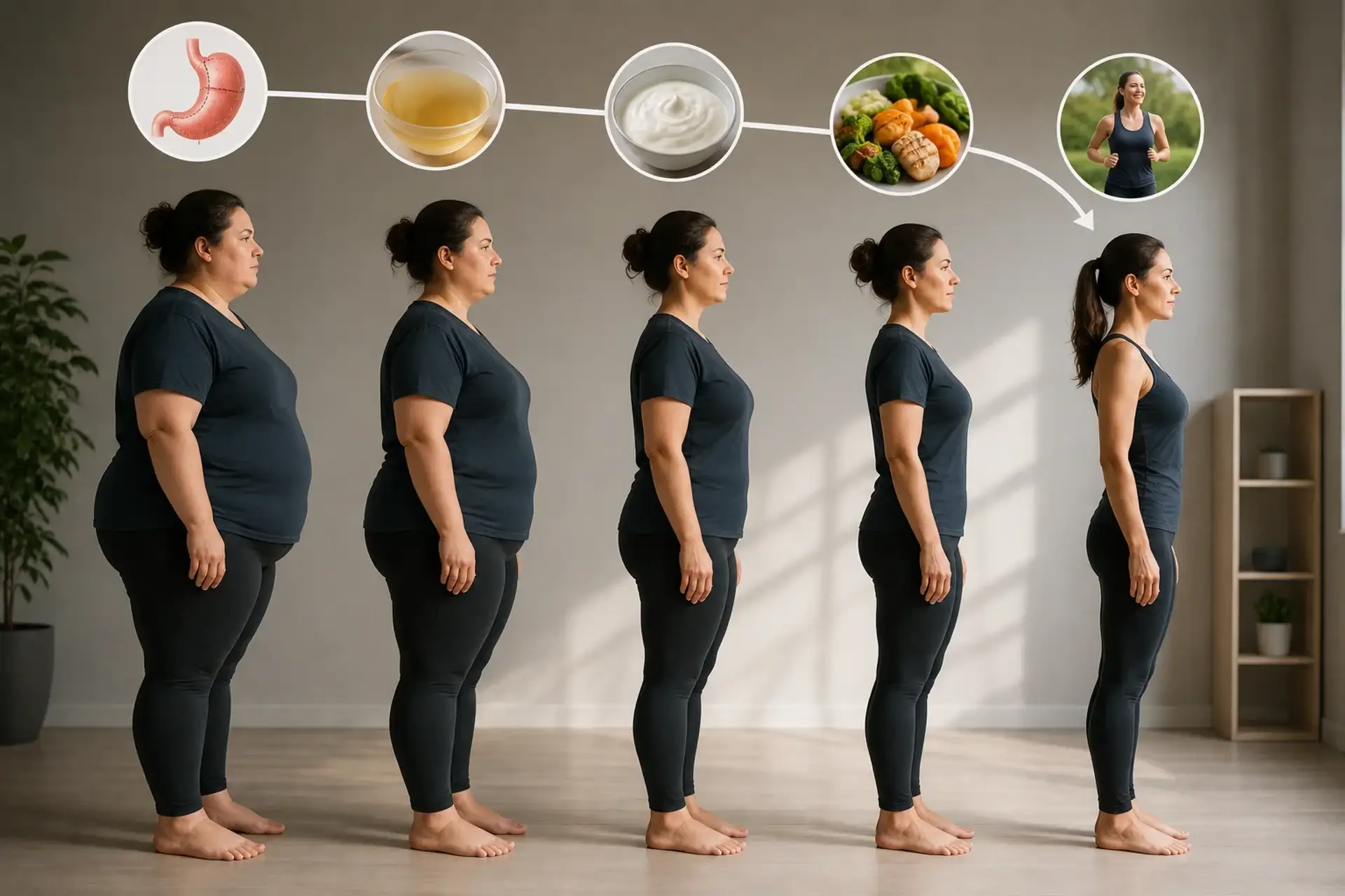 Before and after weight loss transformation with healthy lifestyle elements.