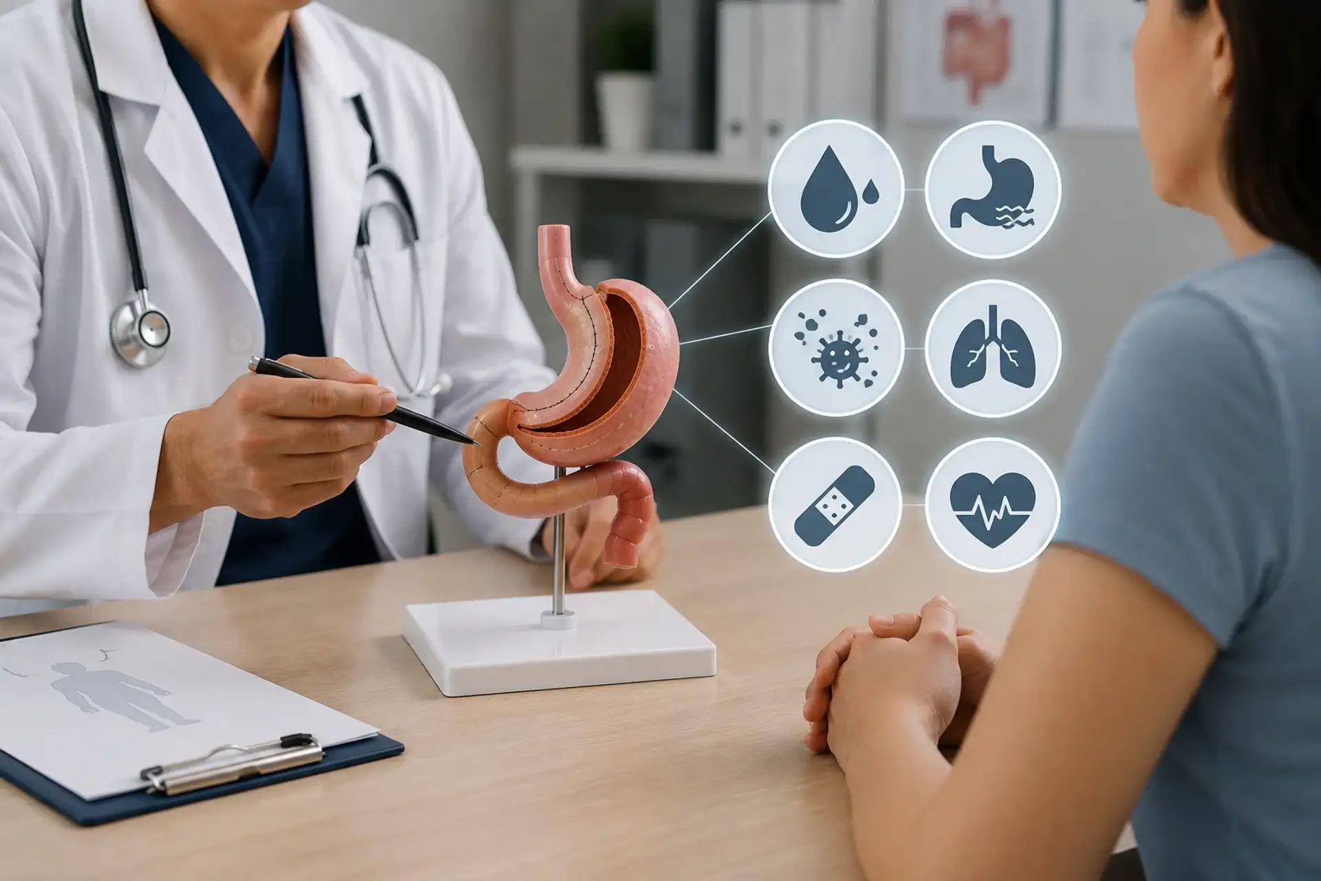 Doctor explaining stomach model with health icons to patient during consultation.