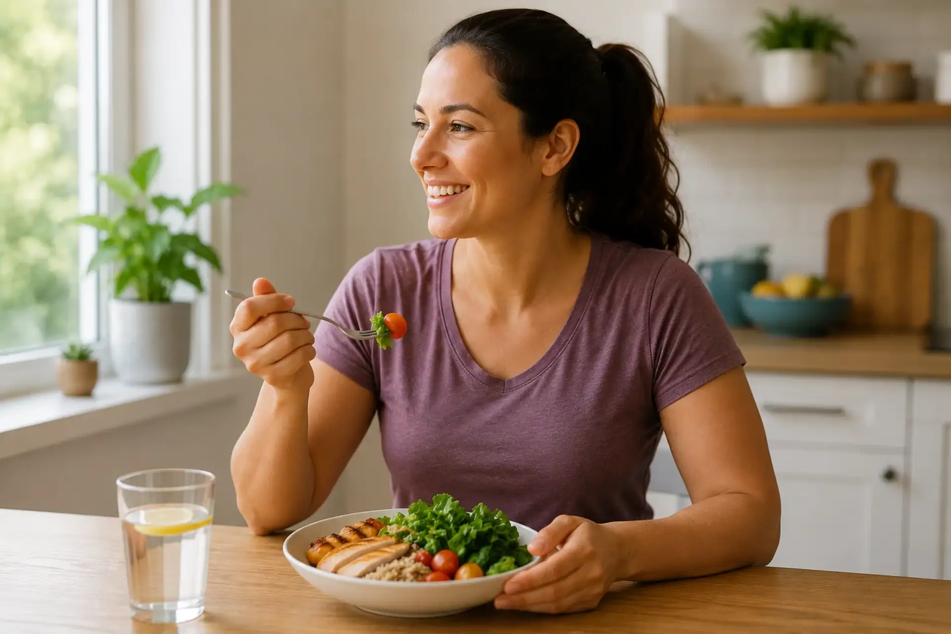 Woman enjoying a healthy meal with vegetables and grilled chicken at a kitchen table.