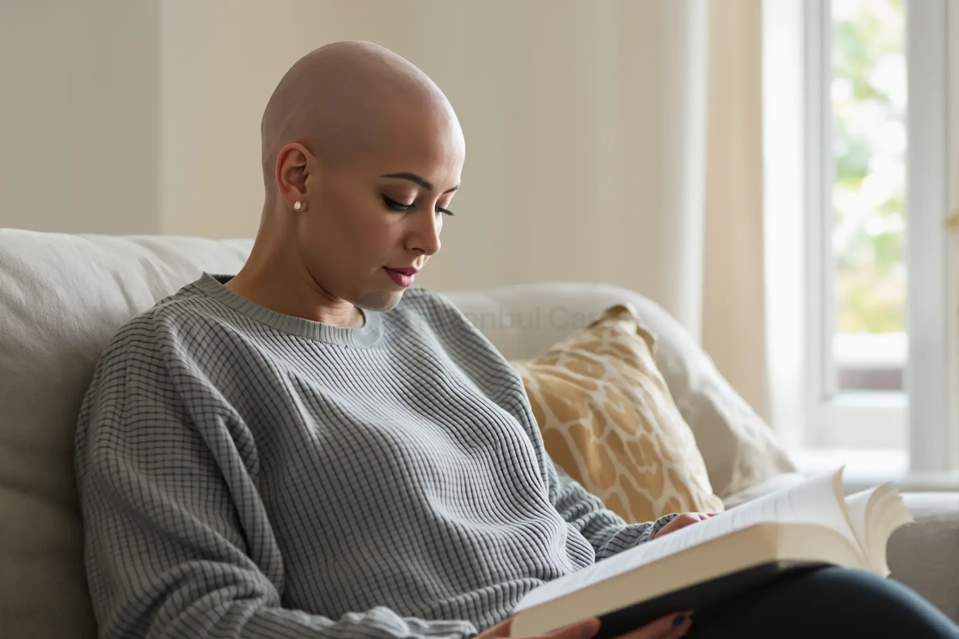 Woman with alopecia totalis reading on a sofa