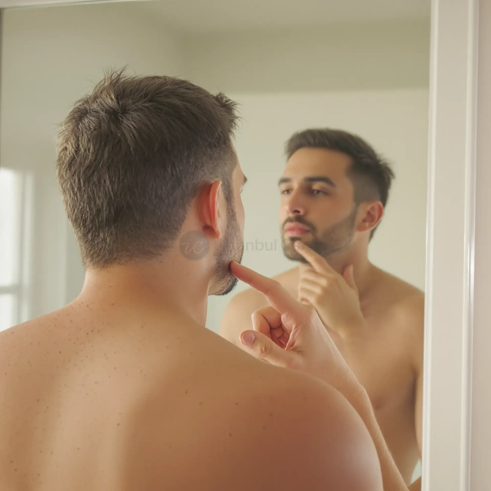 Man touching his patchy chin stubble while looking in a bathroom mirror.