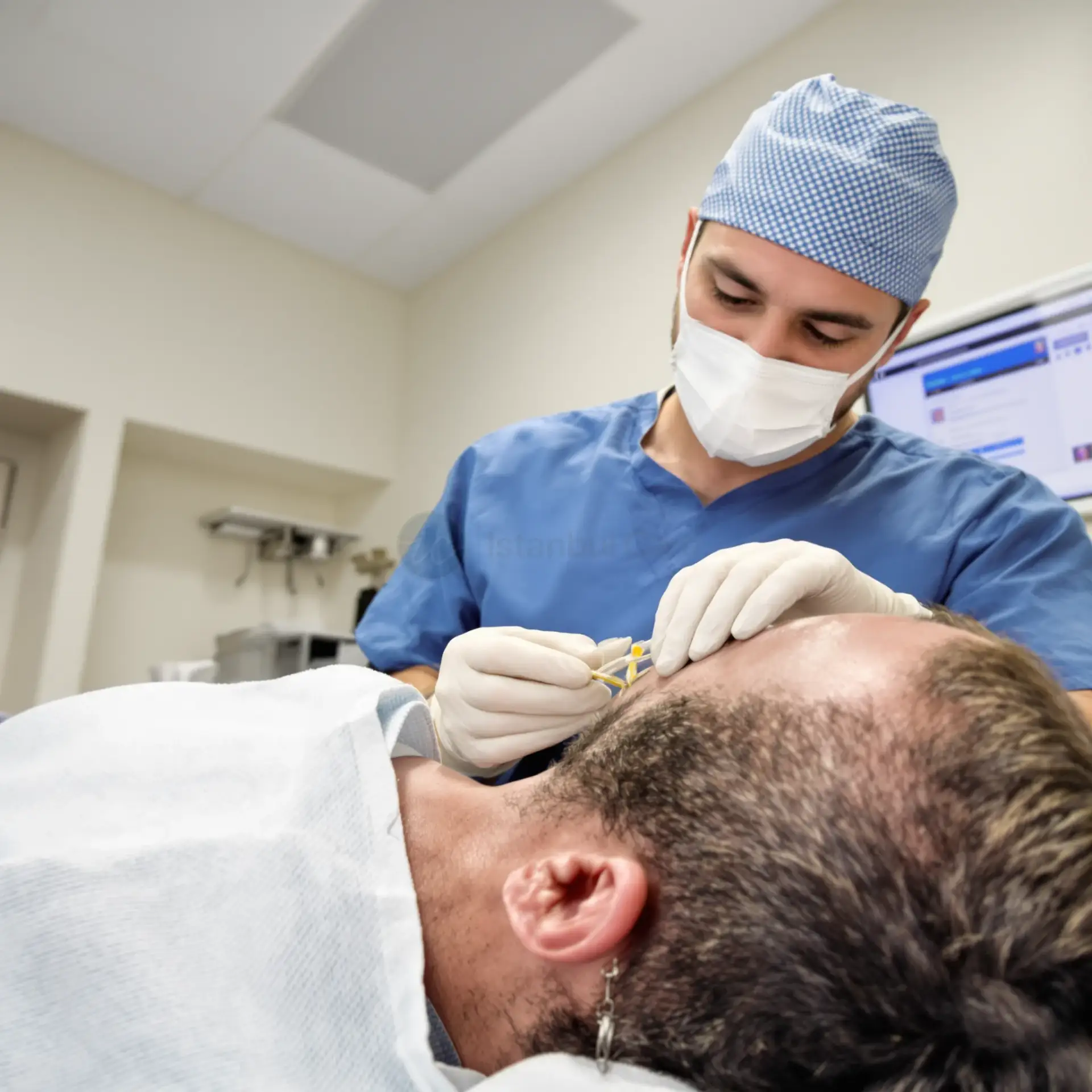 Doctor performing FUE eyebrow transplant extraction on a patient in a clinic.