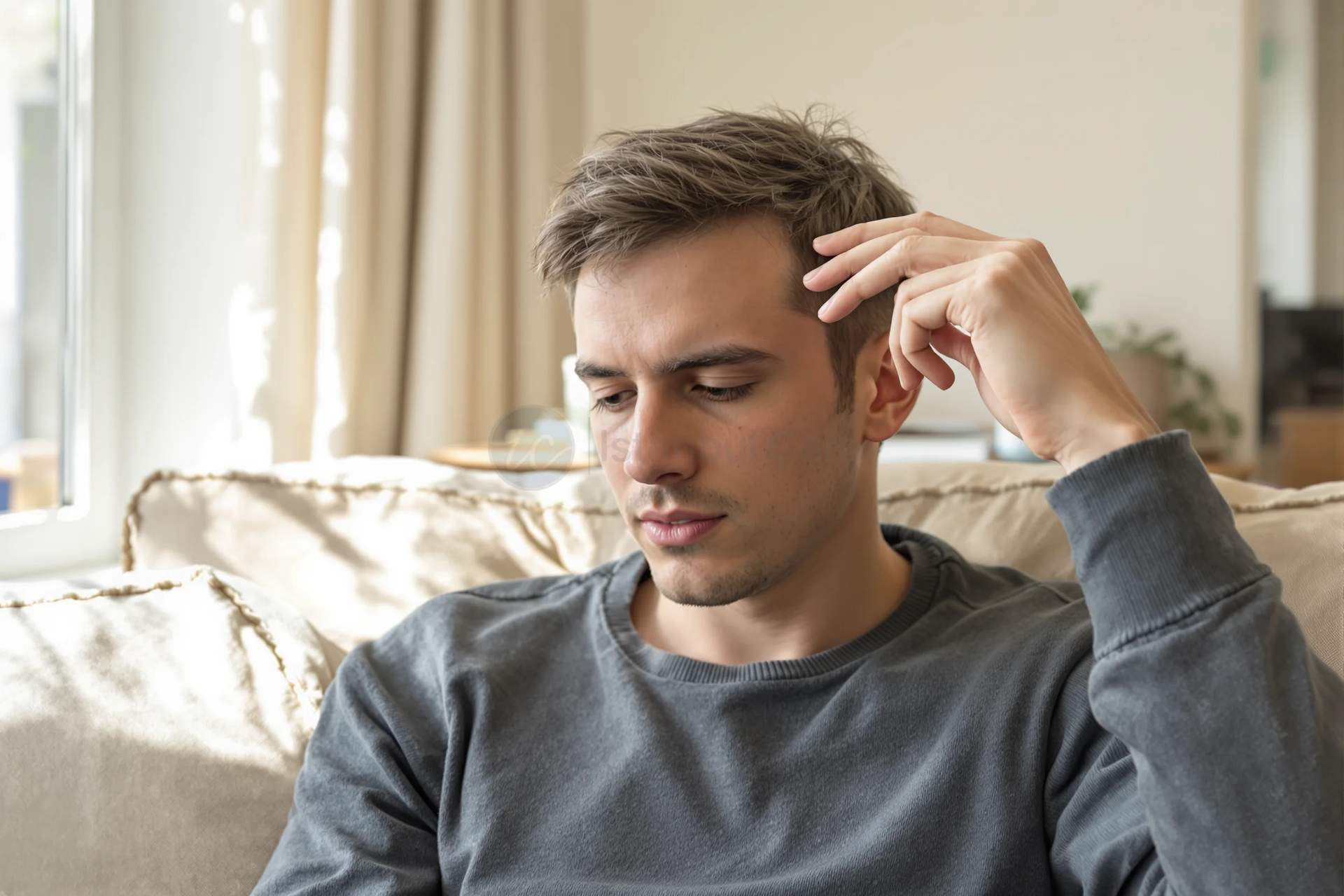 رجل جالس على أريكة بجانب نافذة، يرفع غرته بيد واحدة لينظر إلى خط شعره الأمامي.