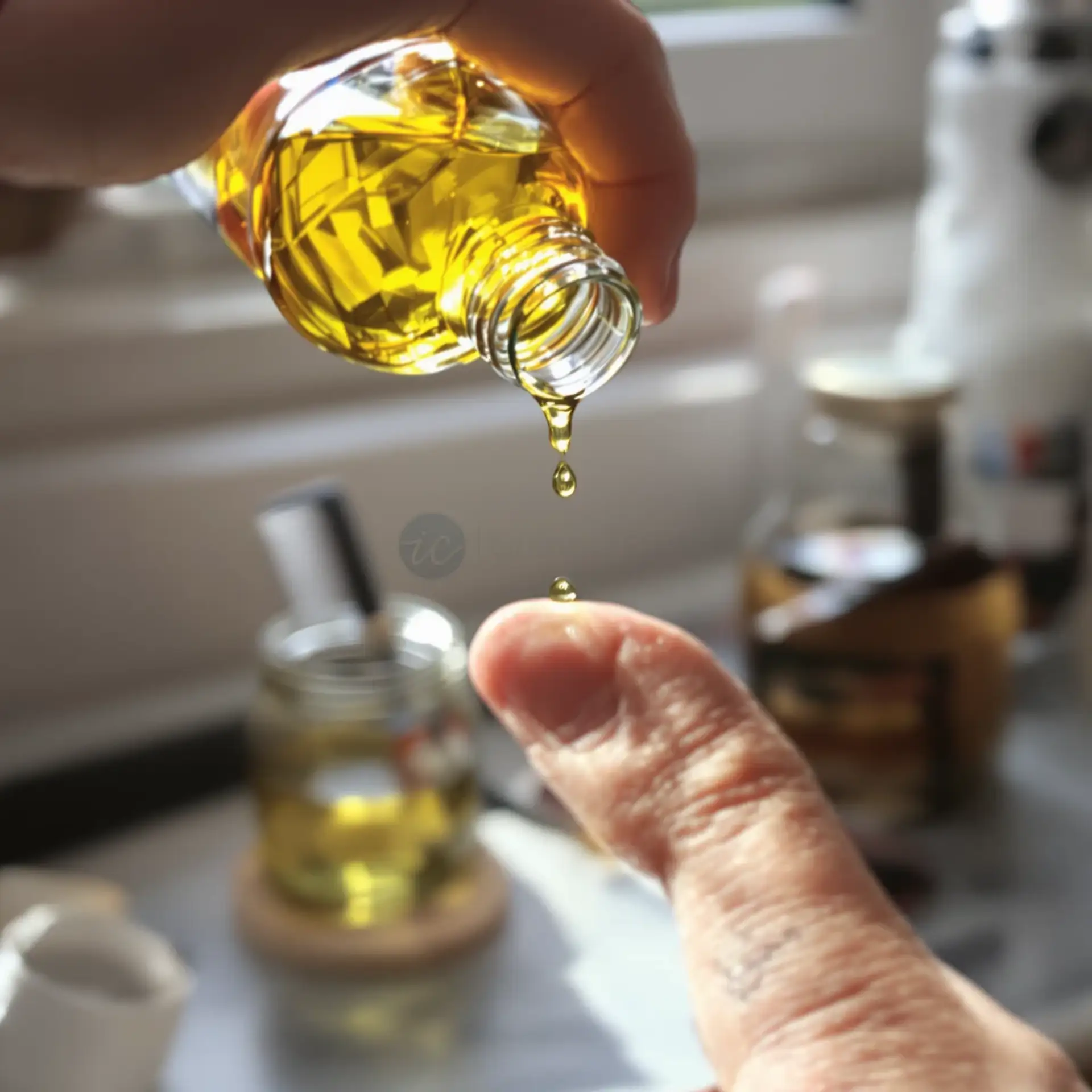 Huile d'olive coulant d'une bouteille sur le bout d'un doigt, prête pour un soin des cheveux et du cuir chevelu – Istanbul Care