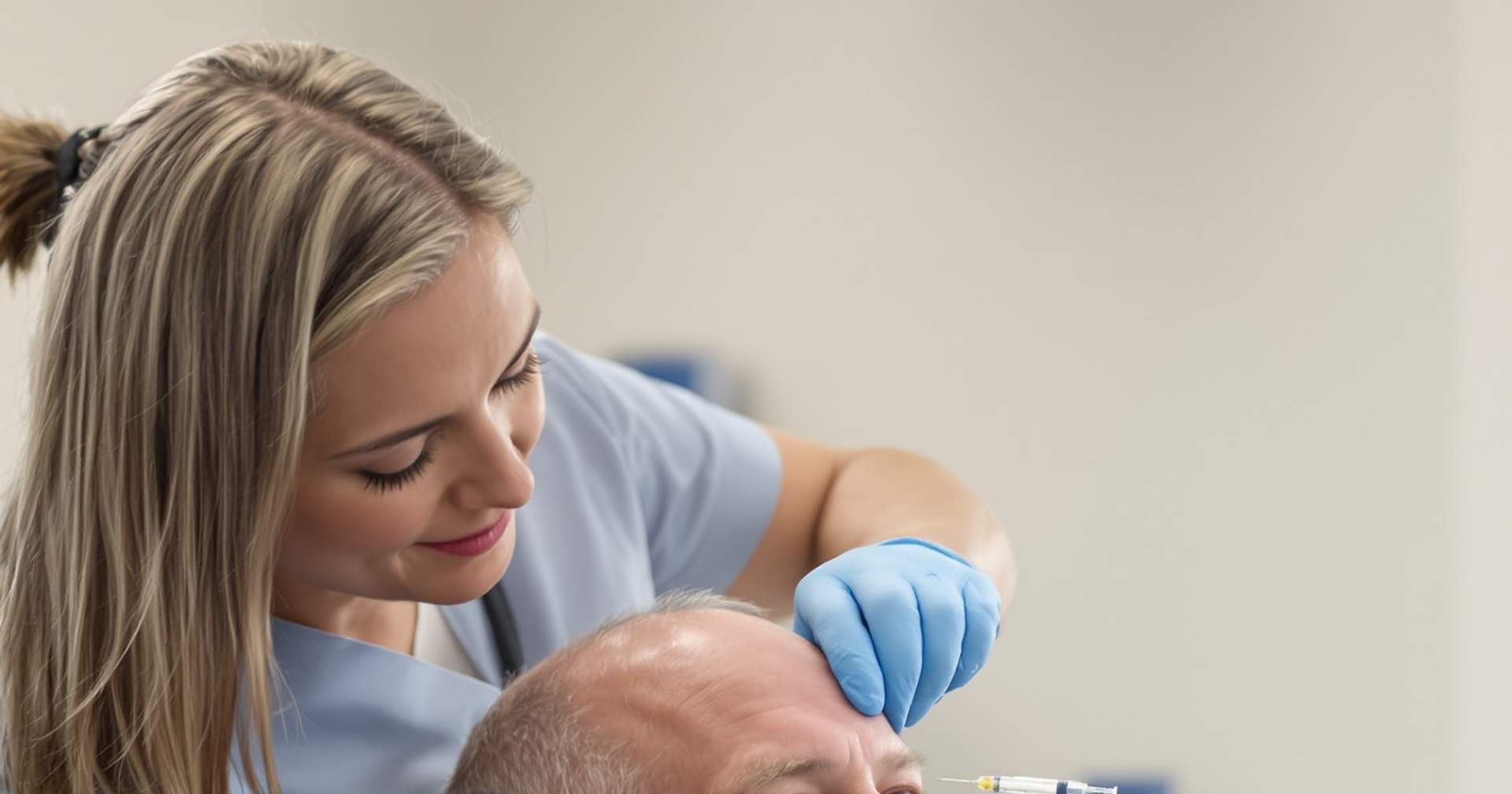 Nurse in blue scrubs holding a syringe above a balding man's scalp during a clinic injection session