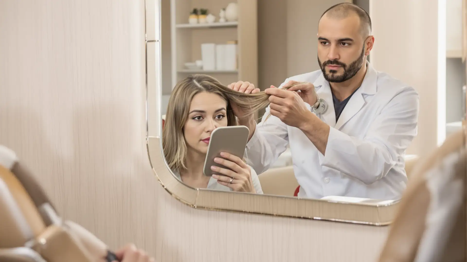 Clinician in a white coat examining a woman's hair at a mirror during a consultation.