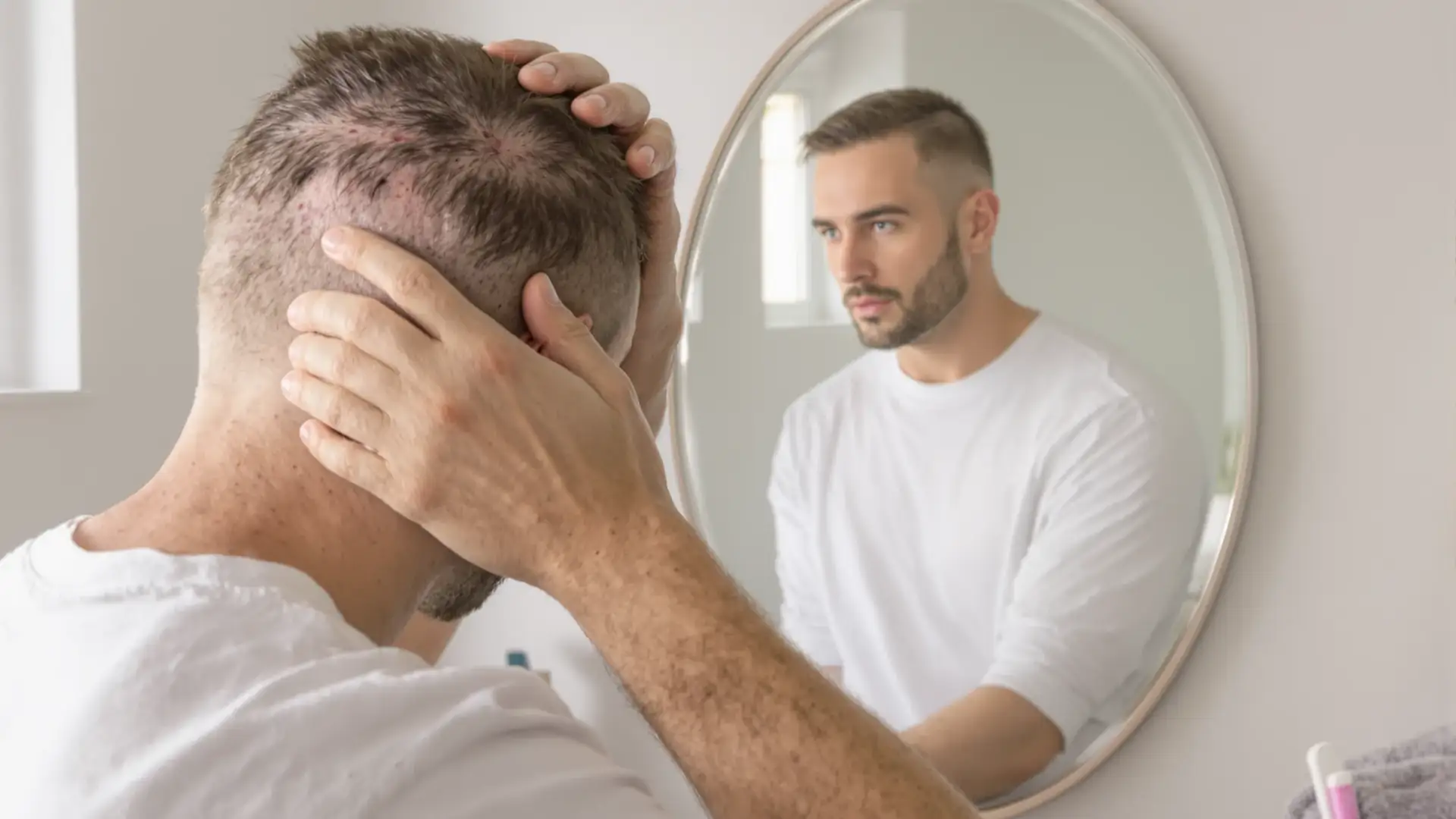 Man parting his hair in front of a mirror to inspect a healing scalp with visible redness after a hair transplant.