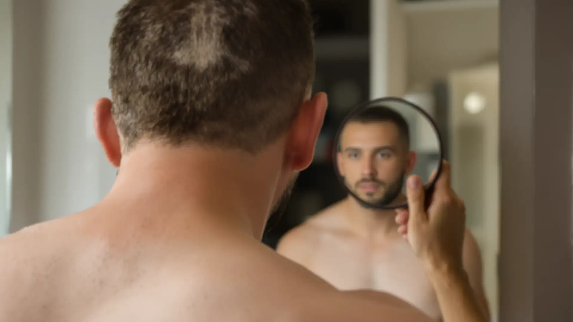 Man examining the back of his scalp with a hand mirror, donor area visible after a hair transplant.