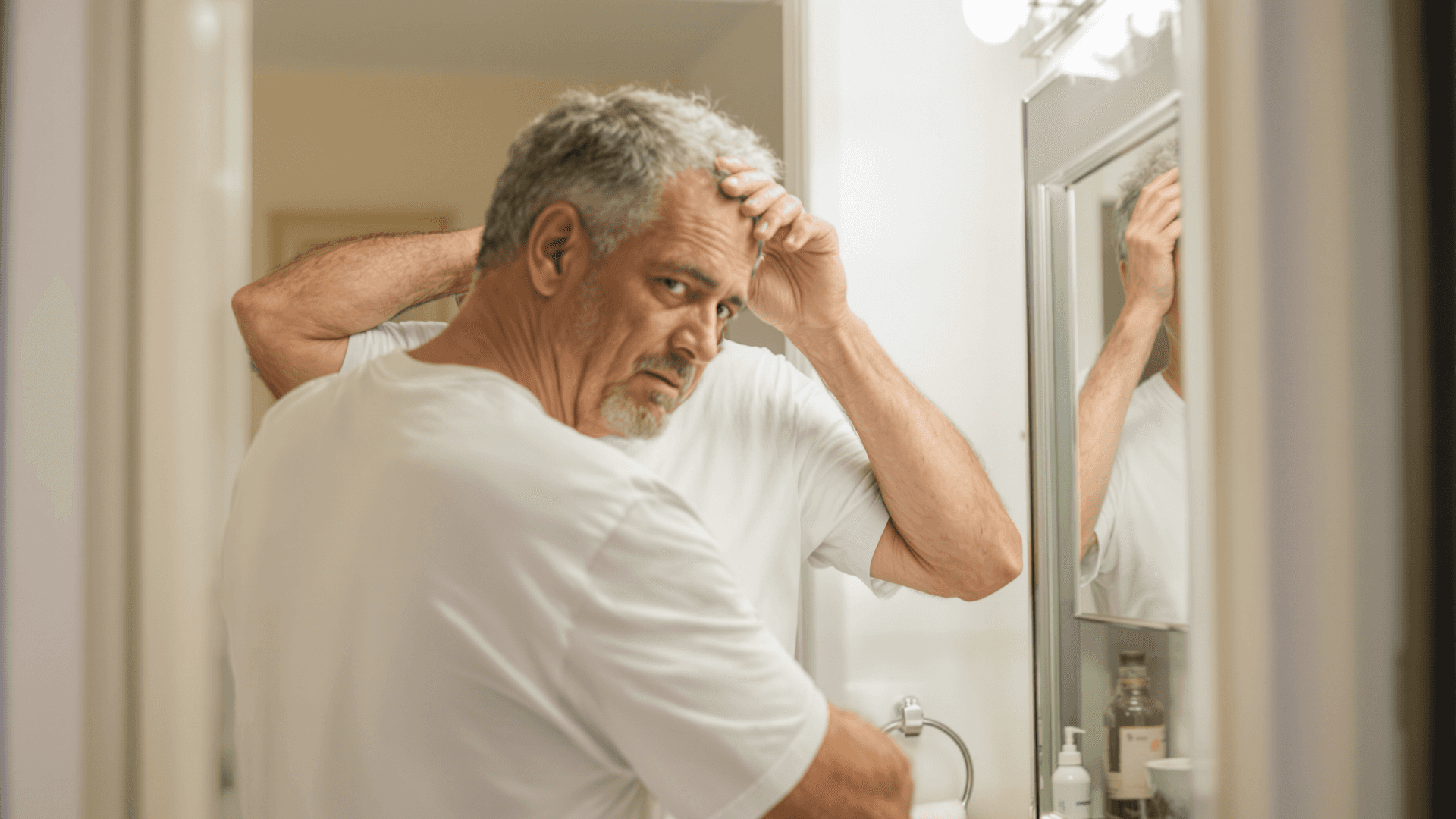 Grey-haired man lifting his hair in a bathroom mirror to check thinning at the front of his scalp.