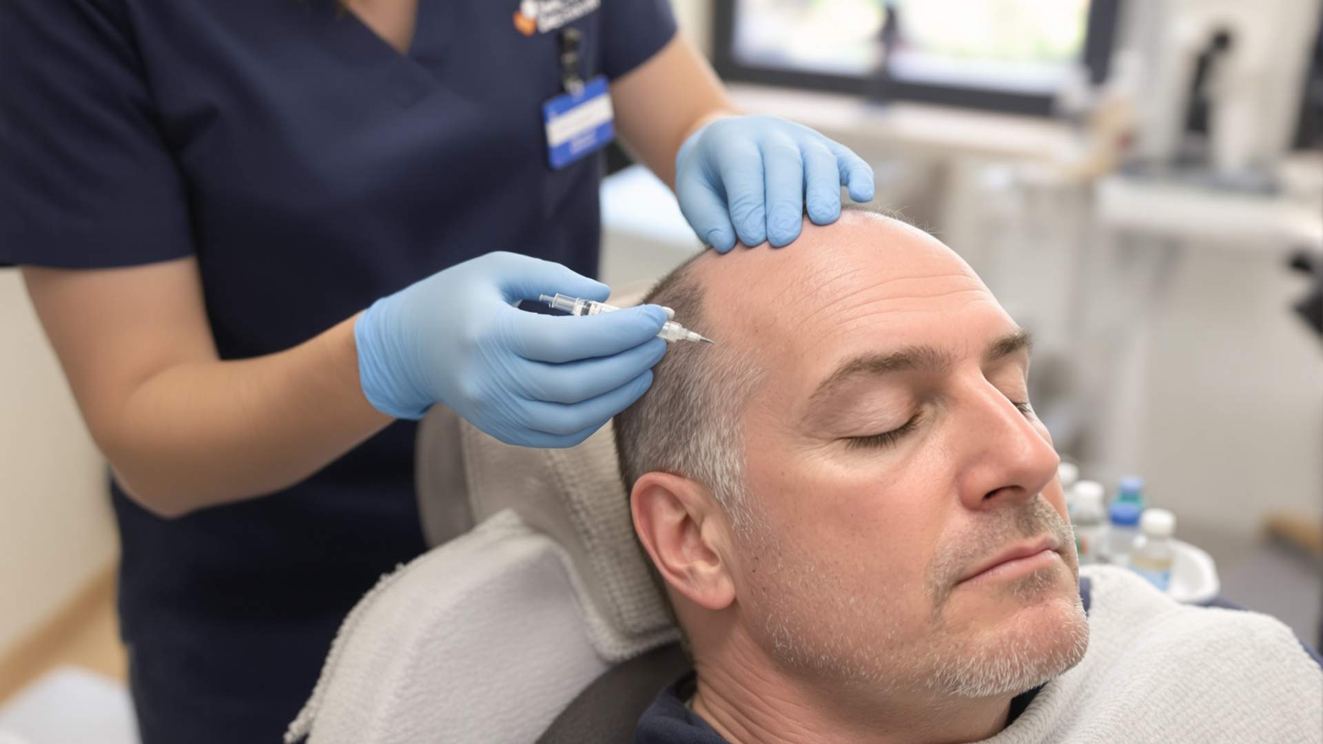 Nurse in navy scrubs injecting exosome treatment with a fine syringe into the receding hairline of a reclining middle-aged man with male pattern hair loss