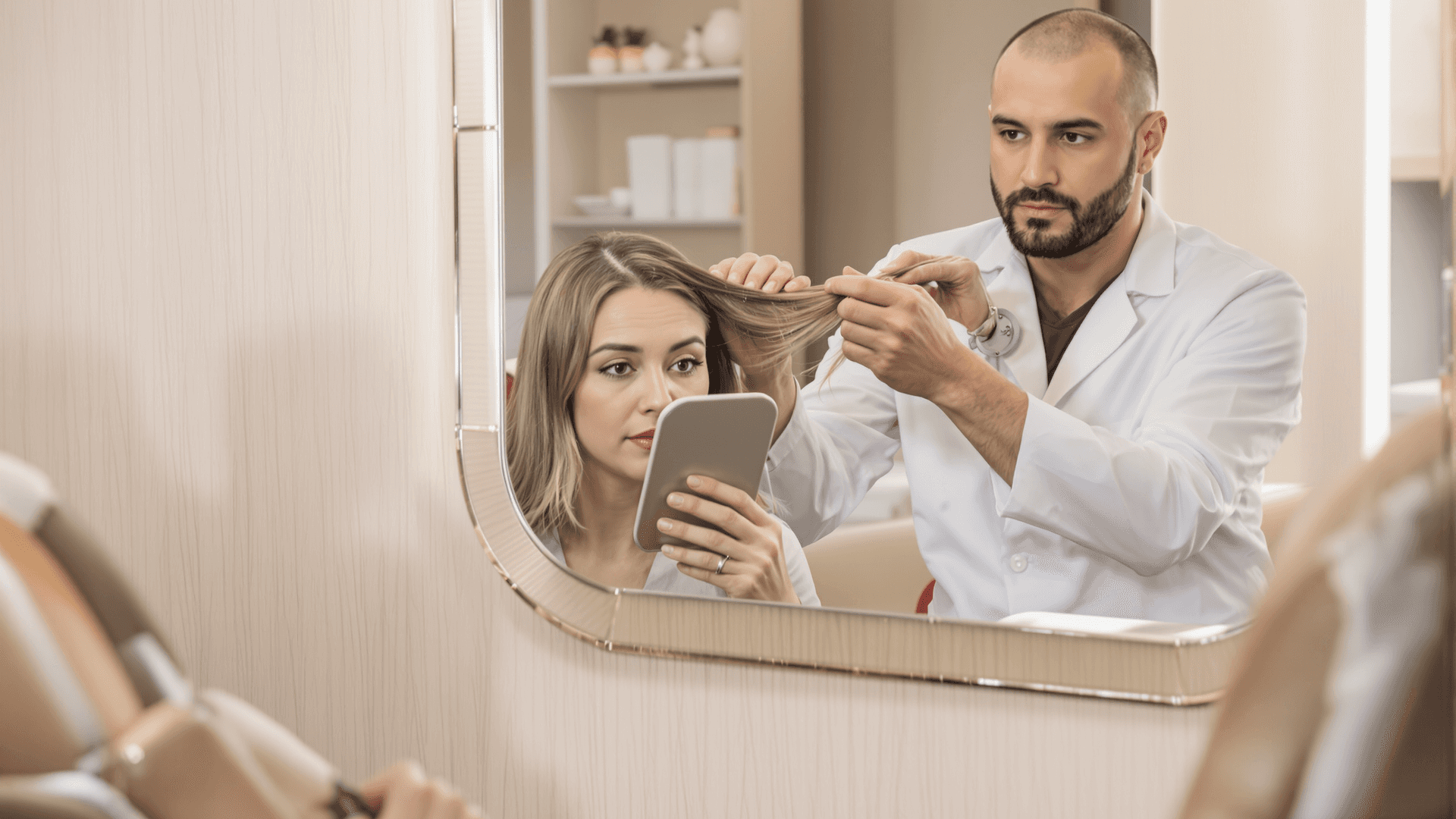Clinician in a white coat examining a woman's hair at a mirror during a consultation.