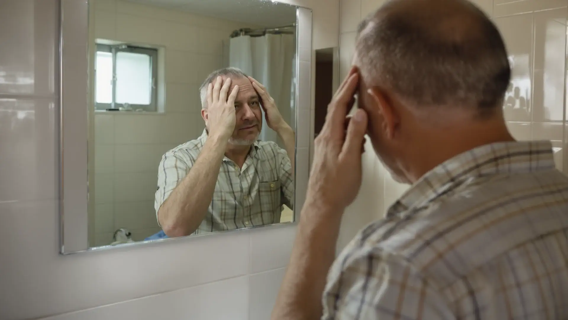 Middle-aged man looking at his thinning hairline in a home bathroom mirror
