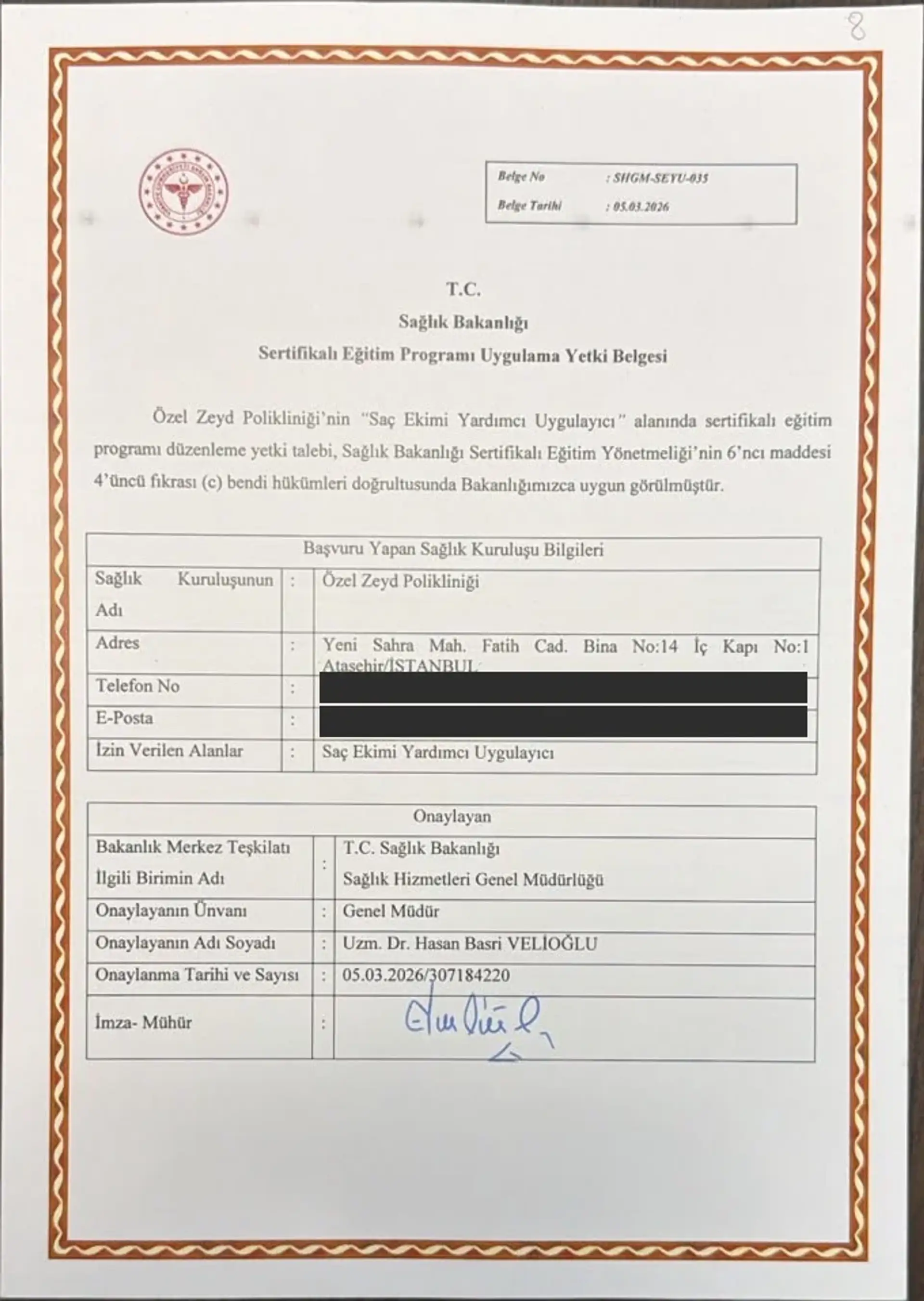 Certificat de autorizare pentru aplicarea unui program de formare certificat (Sertifikalı Eğitim Programı Uygulama Yetki Belgesi) nr. SHGM-SEYU-035, din 05.03.2026, emis de Ministerul Sănătății al Republicii Türkiye, Direcția Generală a Serviciilor de Săn