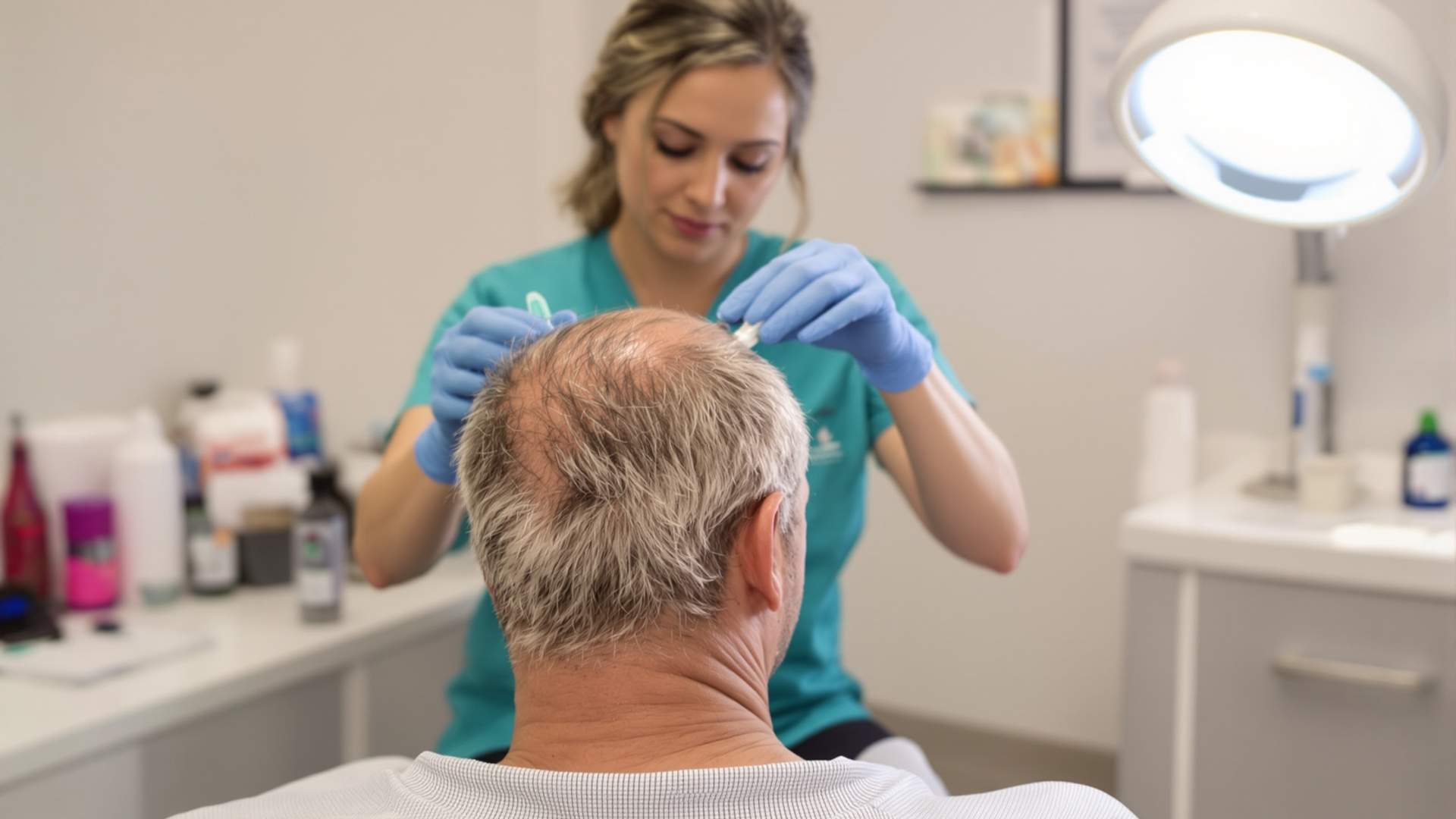 Clinician in teal scrubs and blue gloves treating the thinning crown of a seated middle-aged man during a PRP hair treatment session at a hair clinic