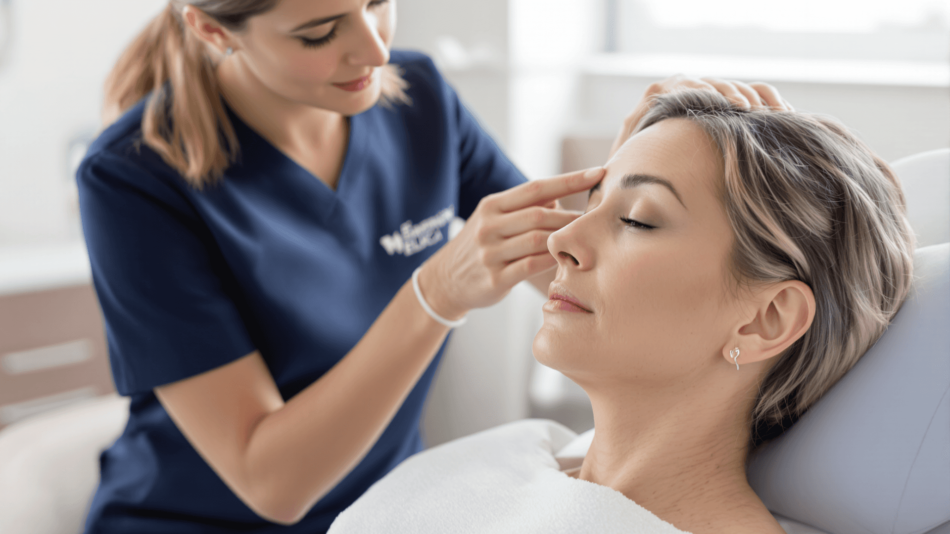 Clinician applying a temple filler treatment to a reclining patient in a clinic room.