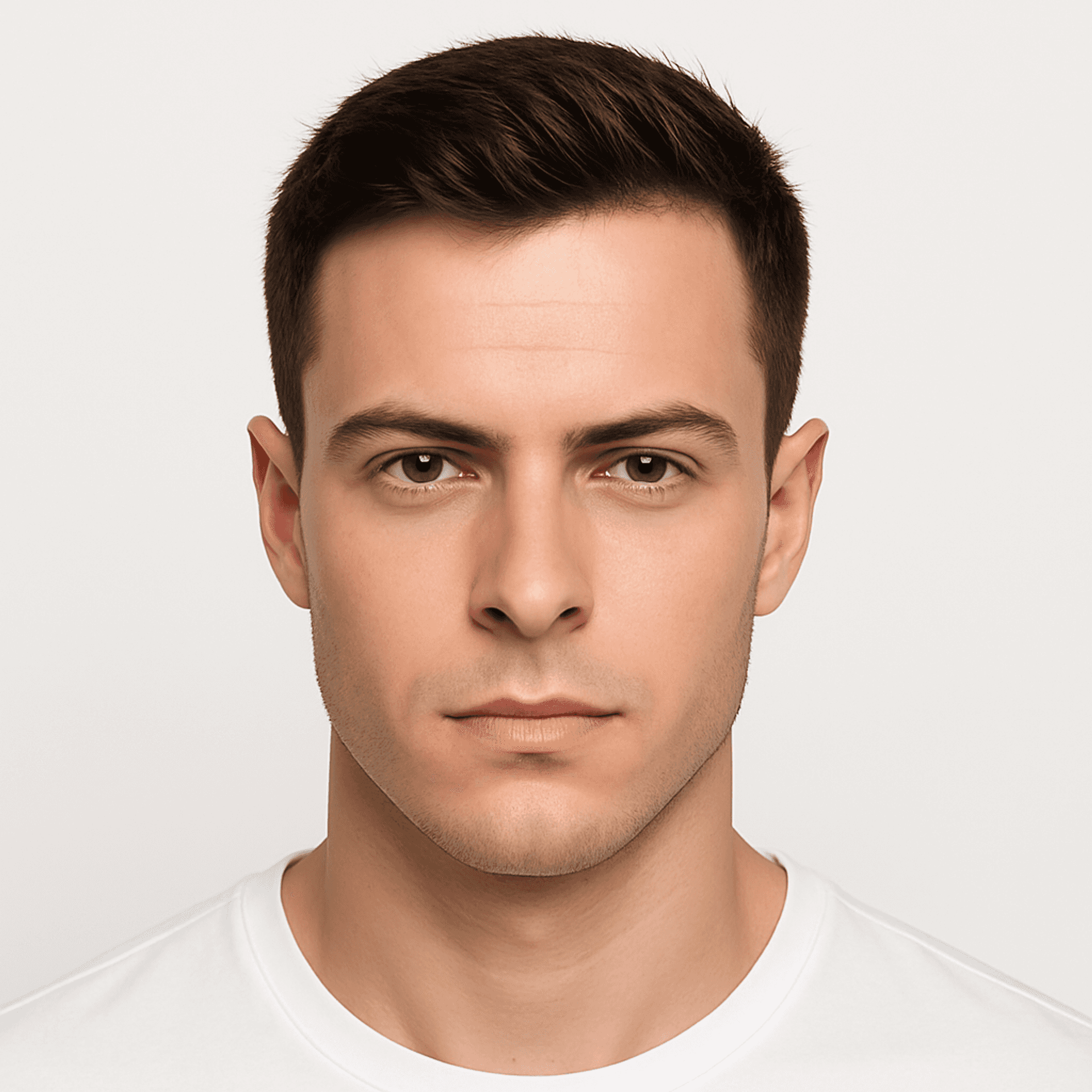 Young man with short hair wearing a white shirt, serious expression against a plain background.