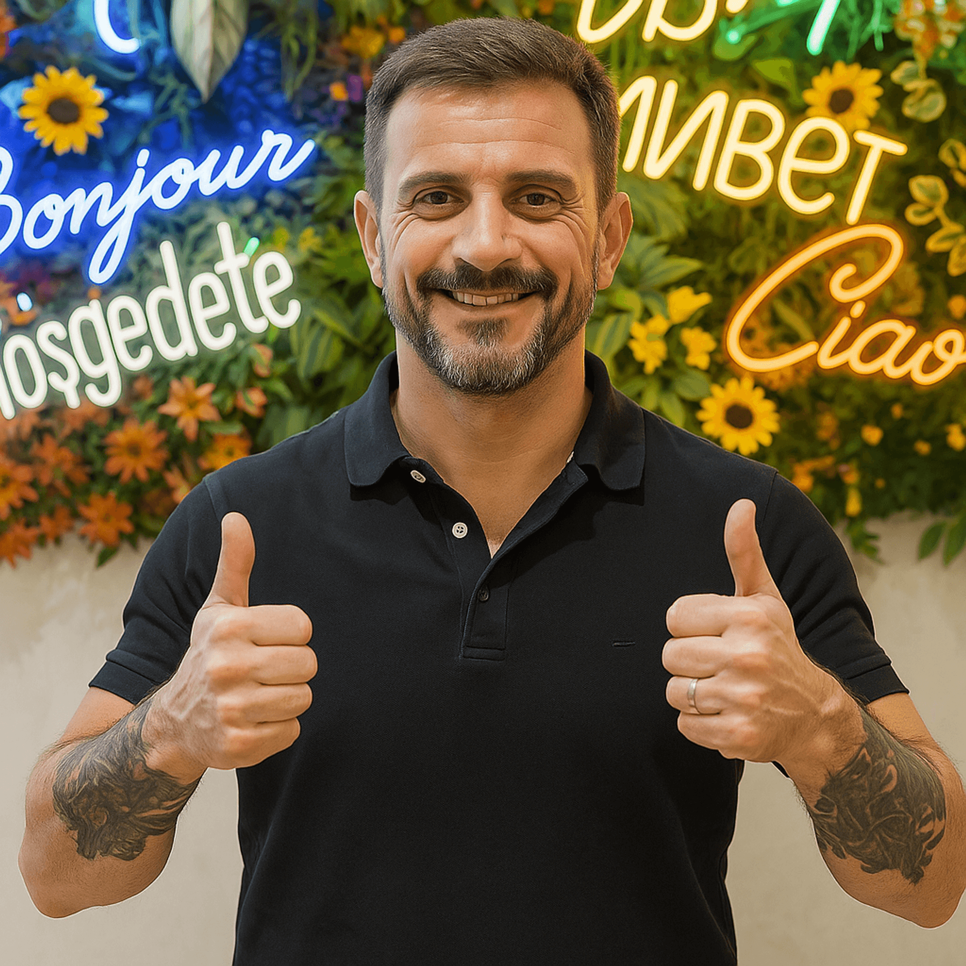 Smiling man giving a thumbs up in front of a colorful floral wall with welcoming signs.