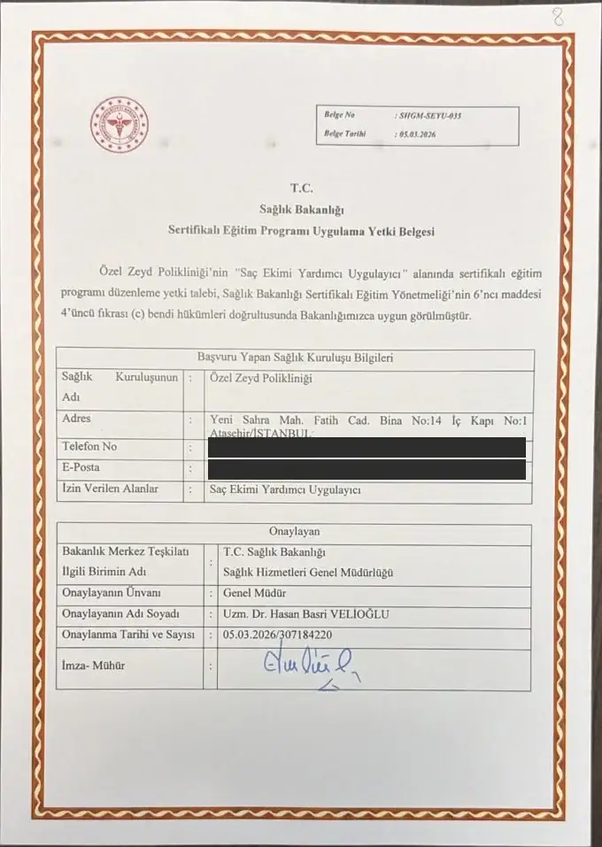 Certifikatë autorizimi për zbatimin e një programi trajnimi të certifikuar (Sertifikalı Eğitim Programı Uygulama Yetki Belgesi) nr. SHGM-SEYU-035, datë 05.03.2026, lëshuar nga Ministria e Shëndetësisë e Republikës së Türkiye, Drejtoria e Përgjithshme e Sh
