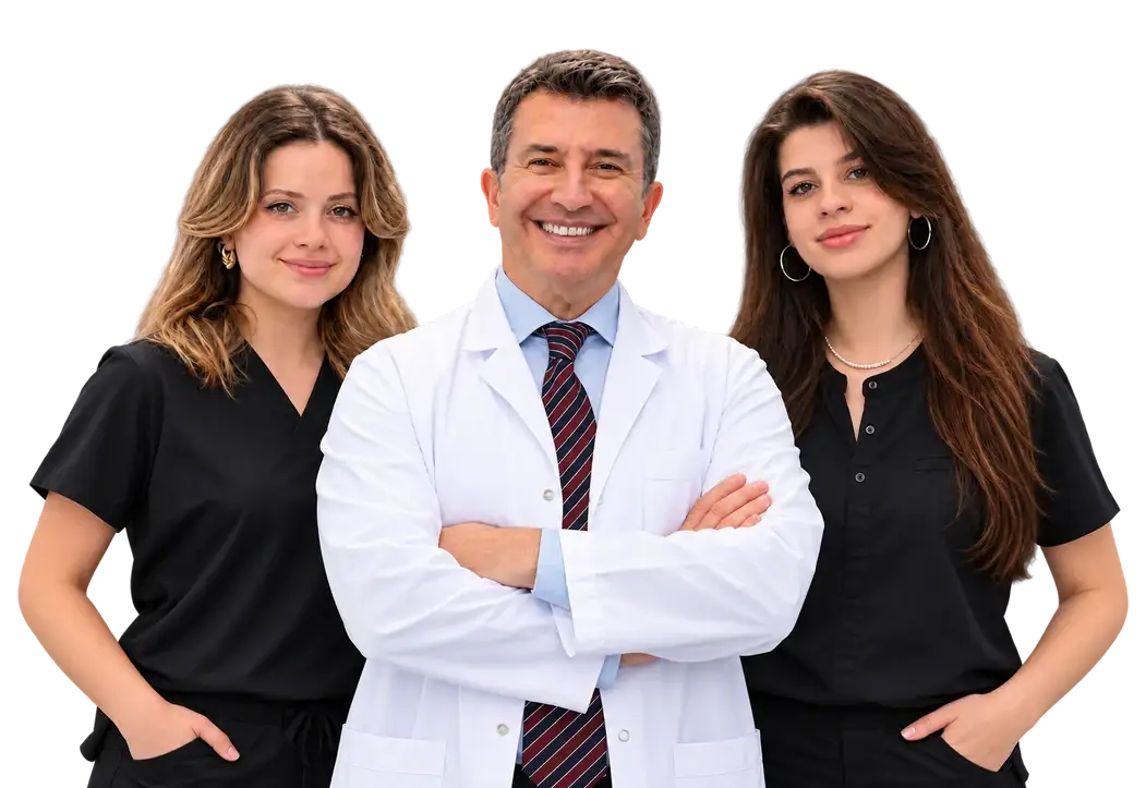 Istanbul Care hair transplant doctor with two members of the medical team