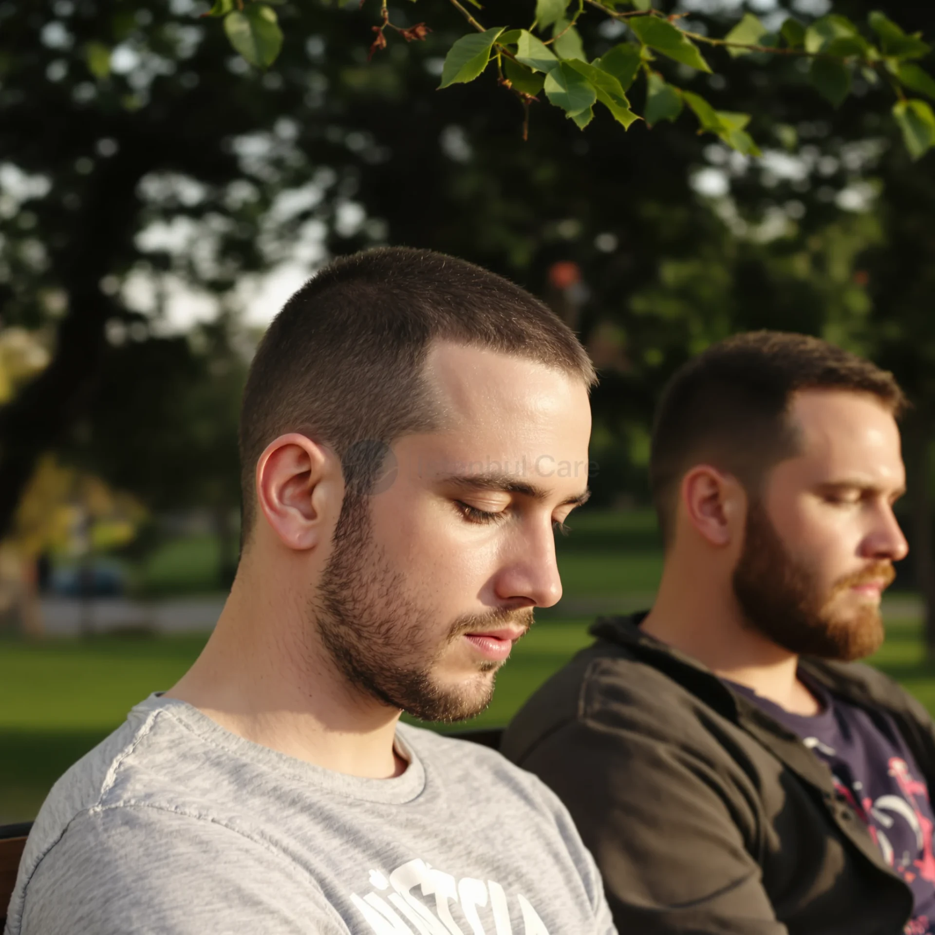Young man with sparse facial hair sitting on a park bench, friend with full beard beside him.