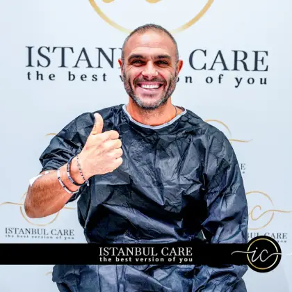 Istanbul Care patient at the Istanbul clinic on the day of their hair transplant